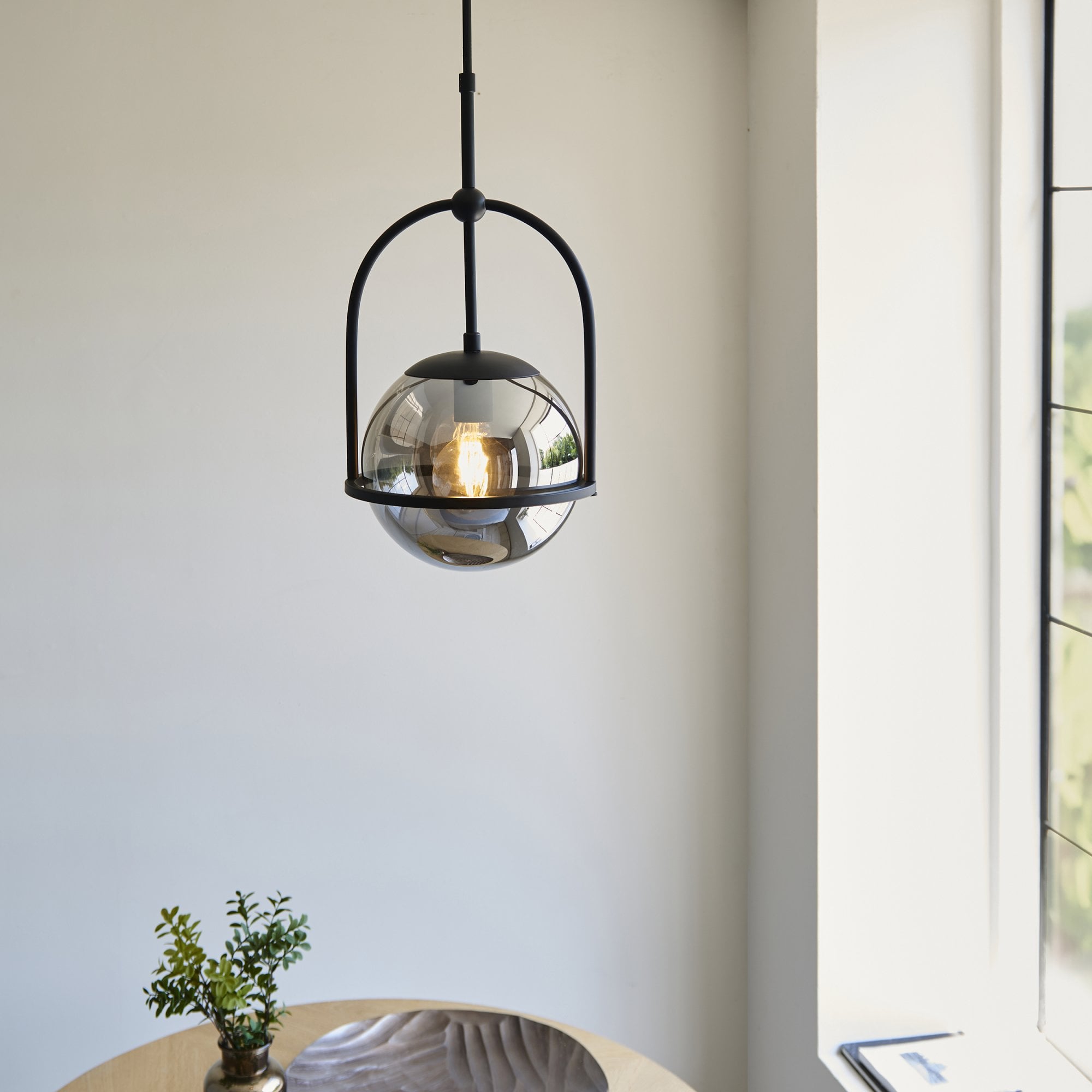 Utopia Sphere Single Pendant - Matt Black & Smoked Mirror Glass