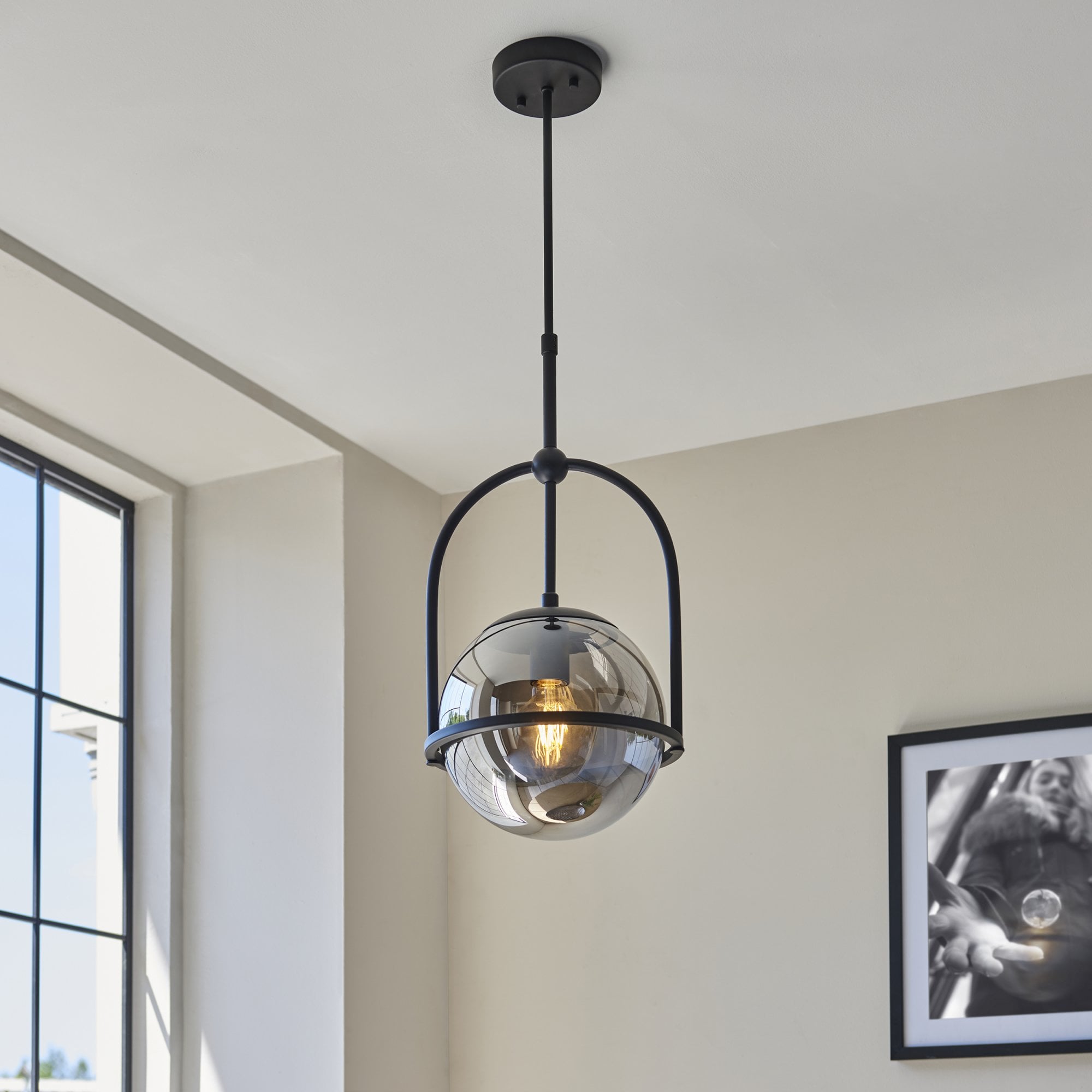 Utopia Sphere Single Pendant - Matt Black & Smoked Mirror Glass