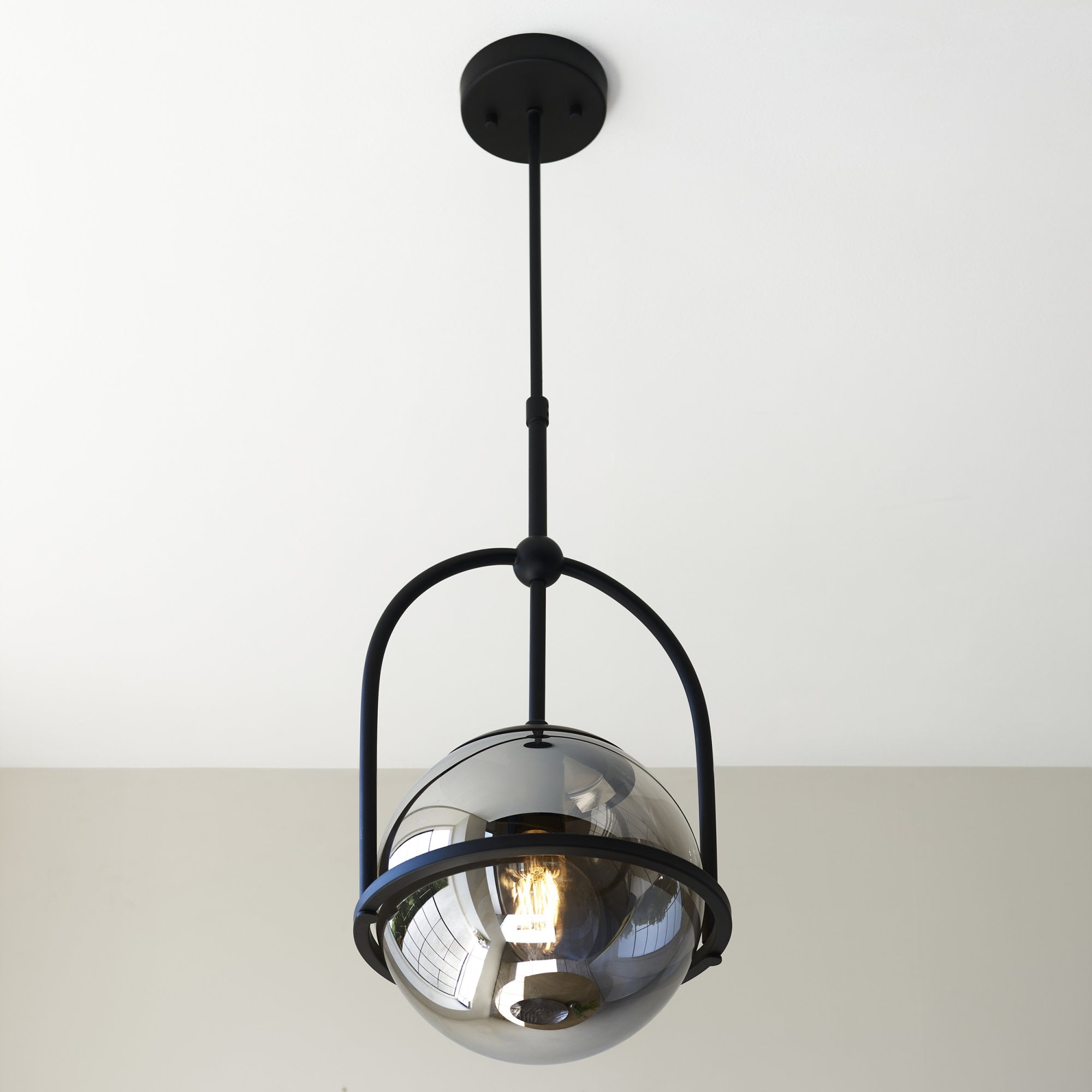 Utopia Sphere Single Pendant - Matt Black & Smoked Mirror Glass