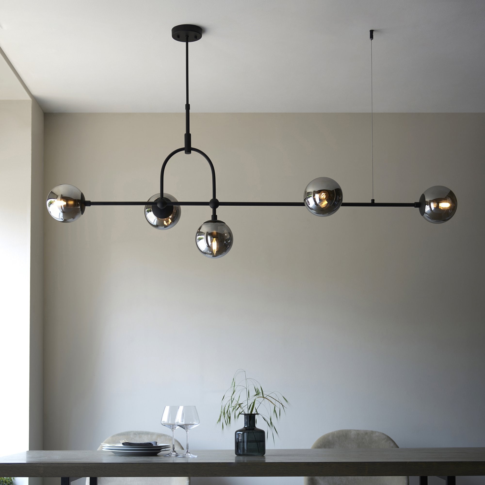 Utopia Sphere 5 Light Linear Pendant - Matt Black & Smoked Mirror Glass