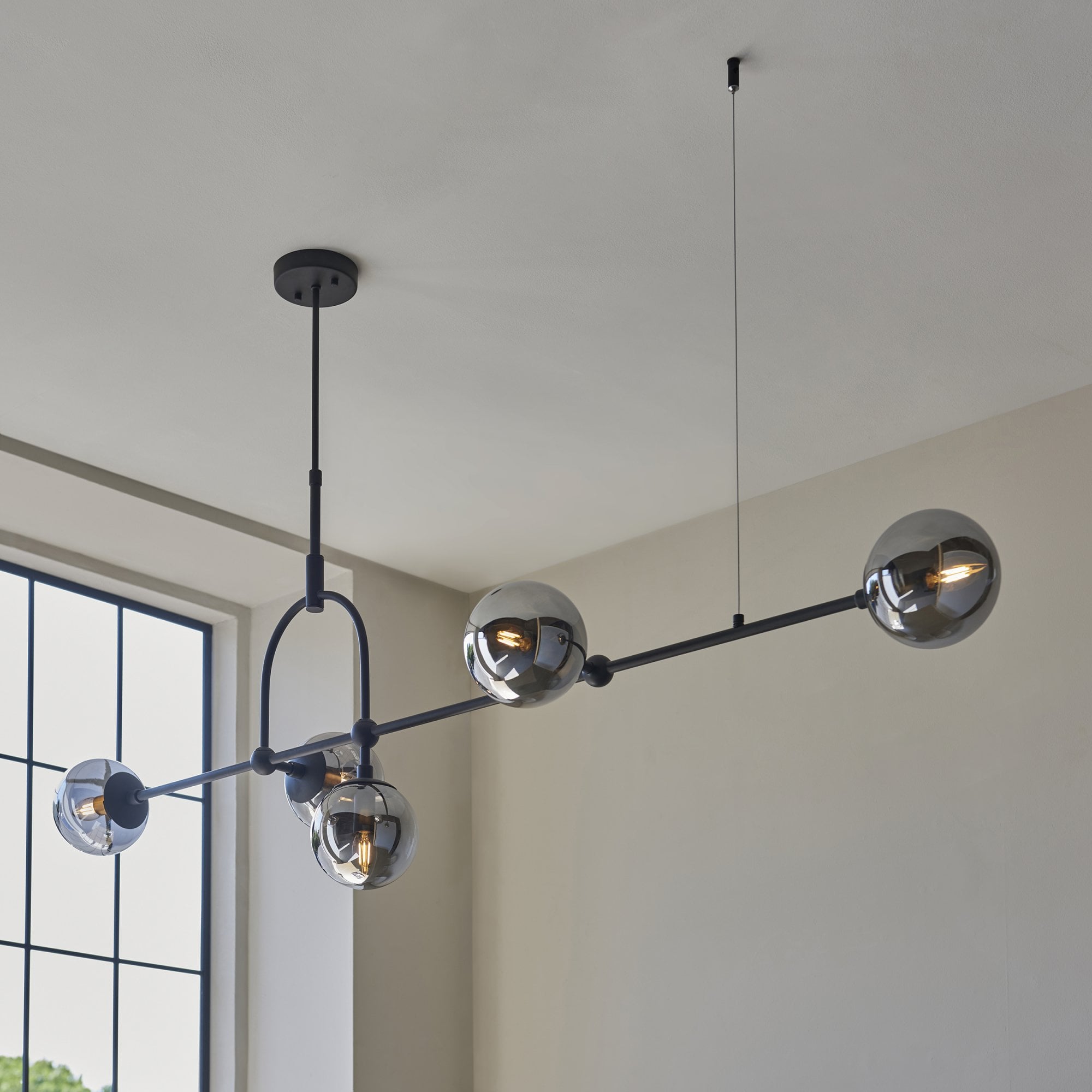 Utopia Sphere 5 Light Linear Pendant - Matt Black & Smoked Mirror Glass