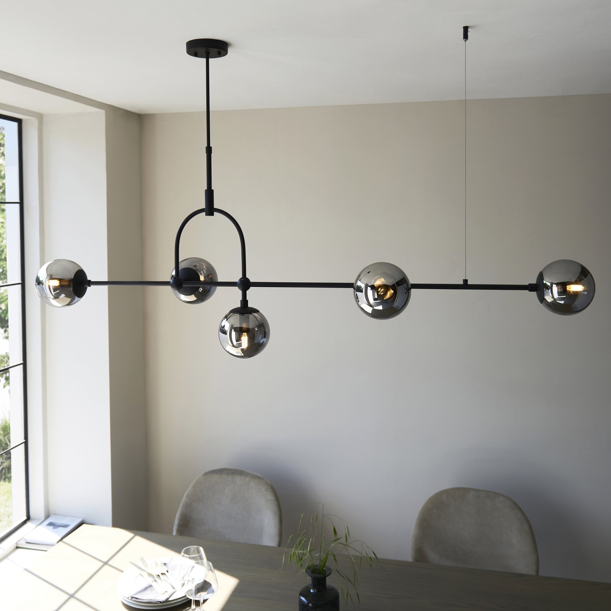 Utopia Sphere 5 Light Linear Pendant - Matt Black & Smoked Mirror Glass