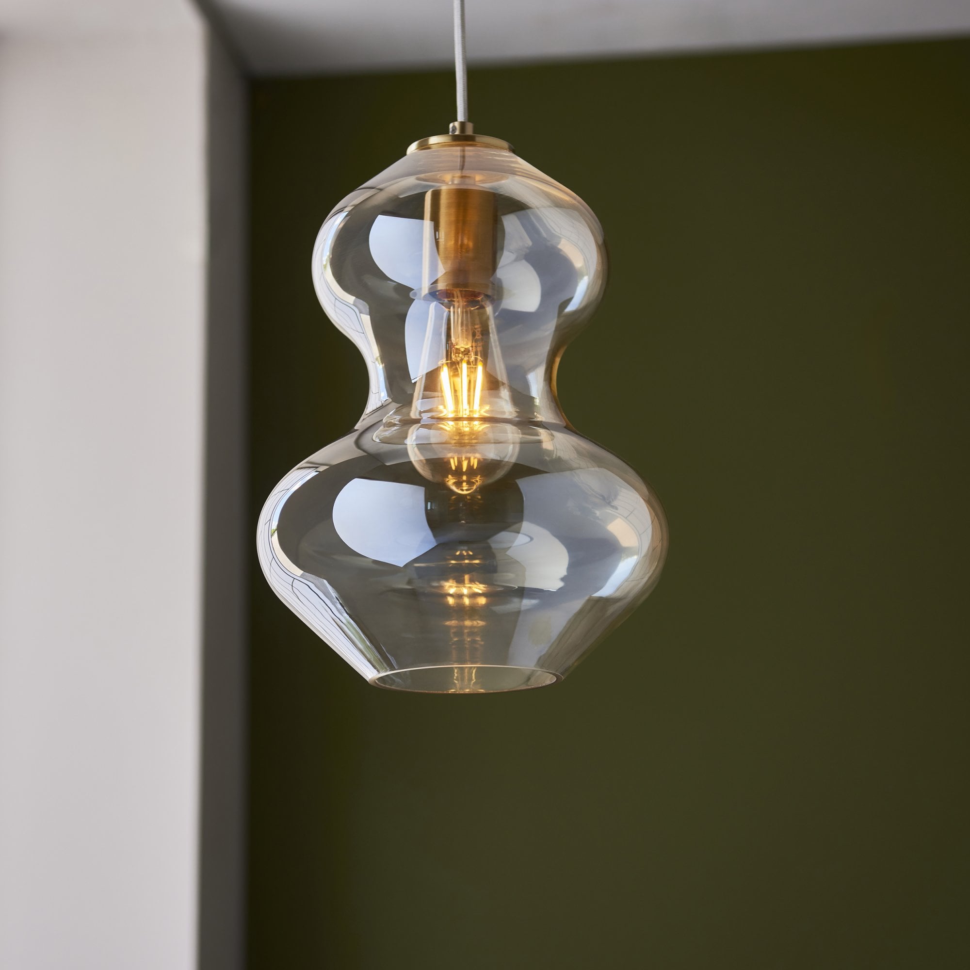 Endon Kelda Shaped Single Pendant - Satin Brass Plate & Champagne Lustre Glass