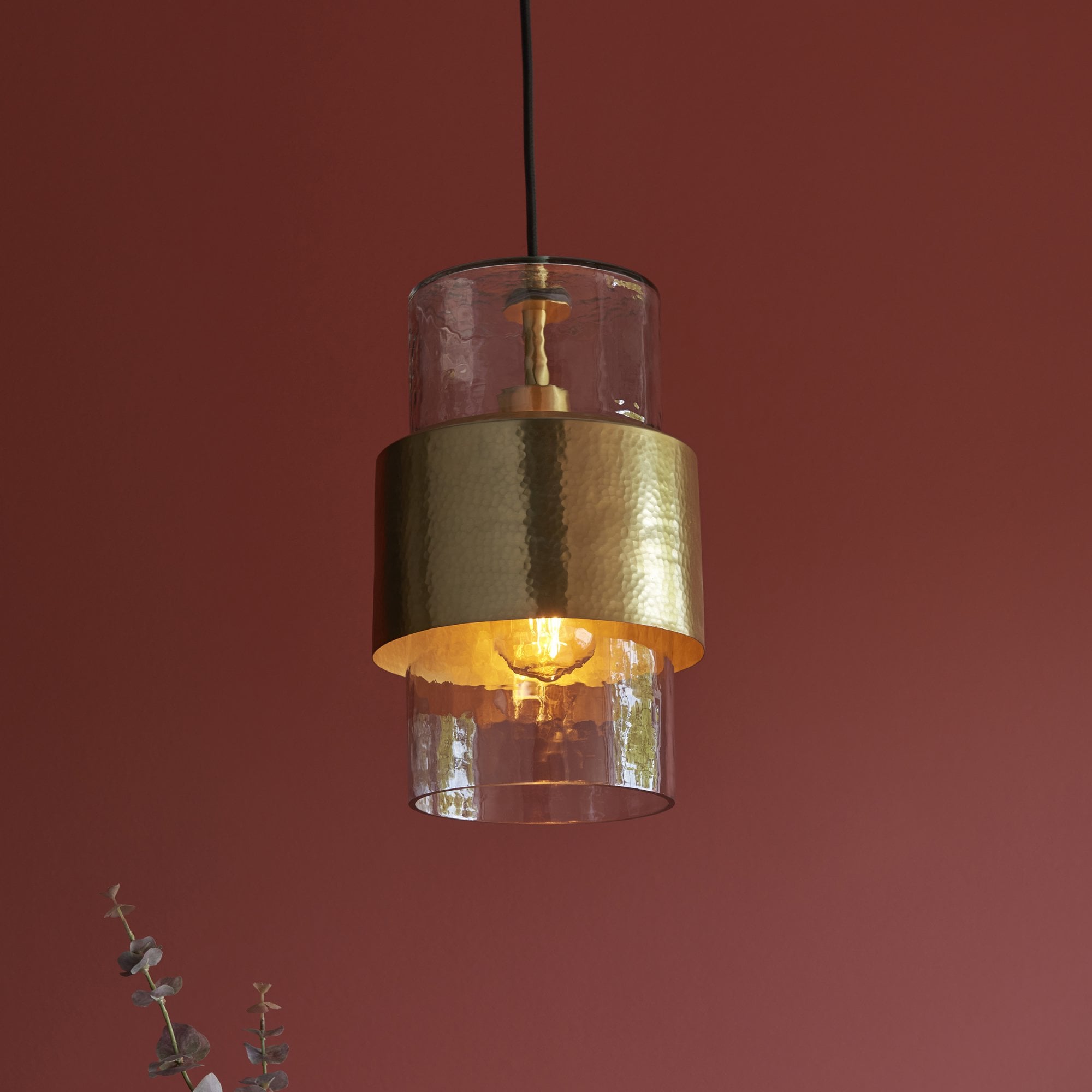 Utopia Swirl Single Pendant - Hammered Brass Plate & Textured Clear Glass