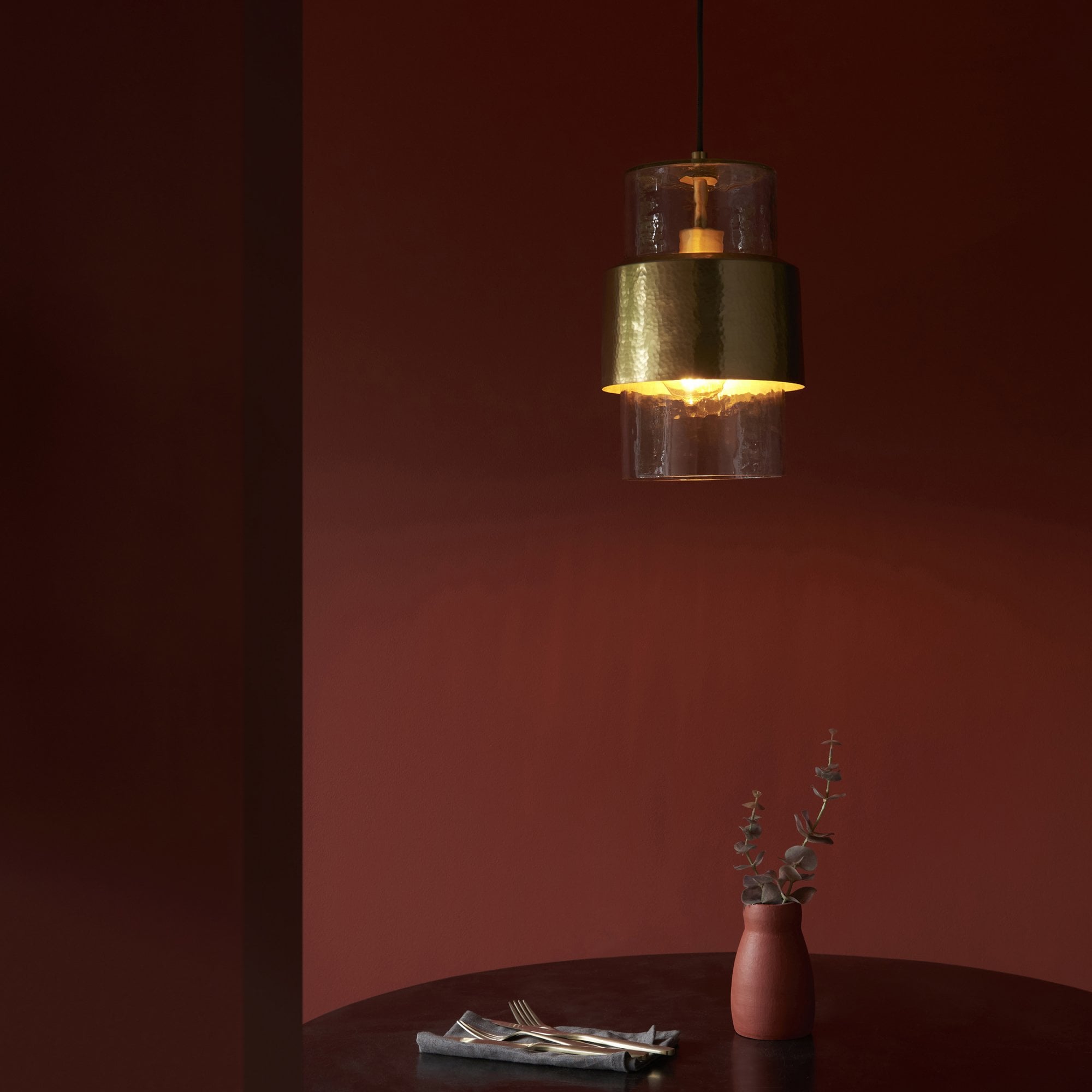 Utopia Swirl Single Pendant - Hammered Brass Plate & Textured Clear Glass