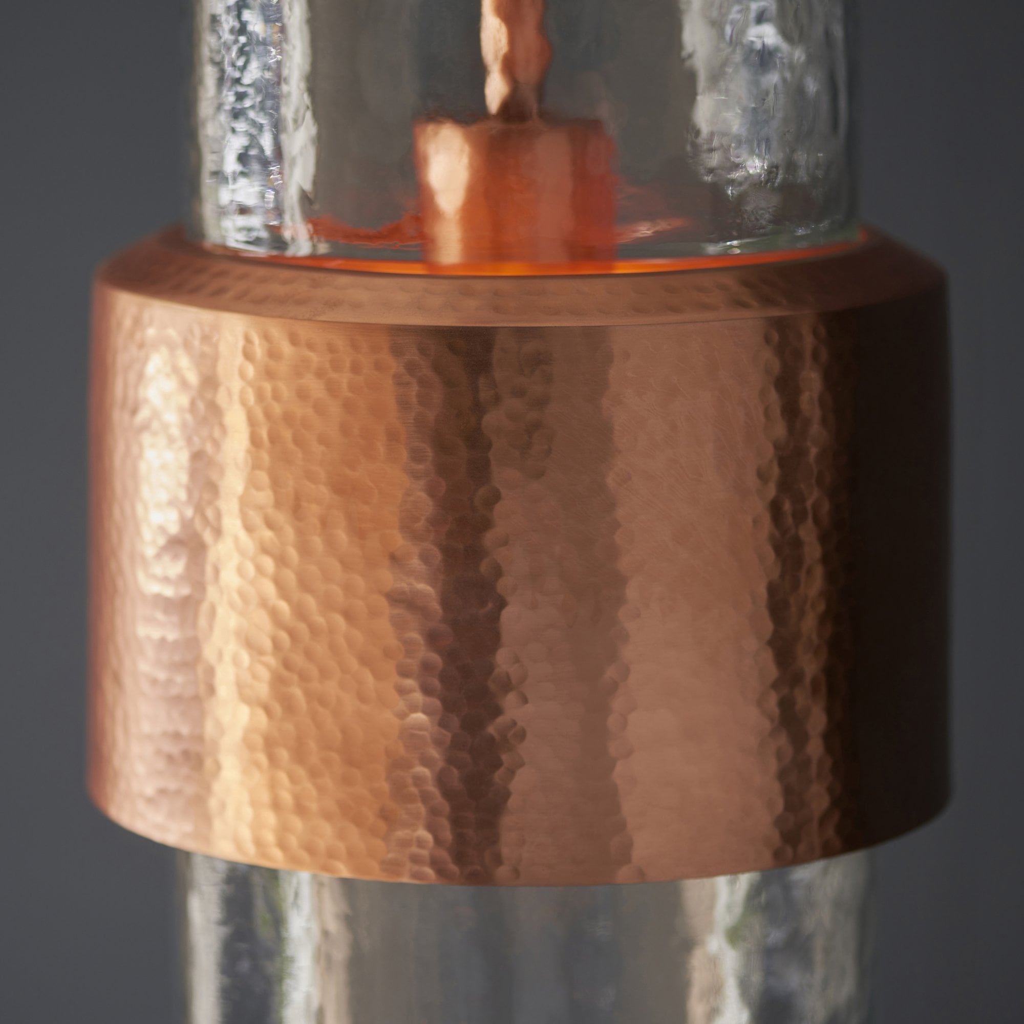Utopia Swirl Single Pendant - Hammered Copper Plate & Textured Clear Glass