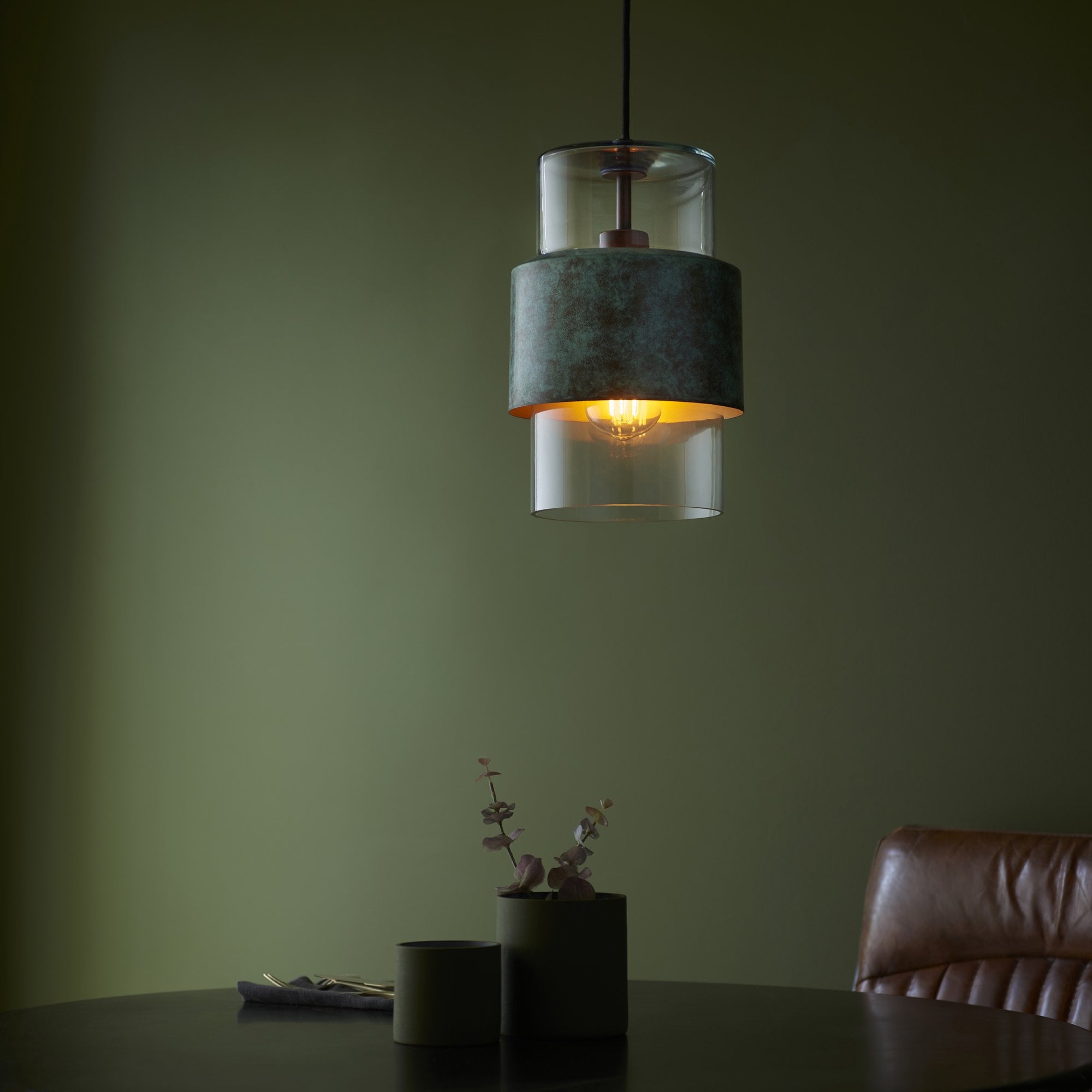 Utopia Swirl Single Pendant - Verdigris Bronze Plate & Clear Glass