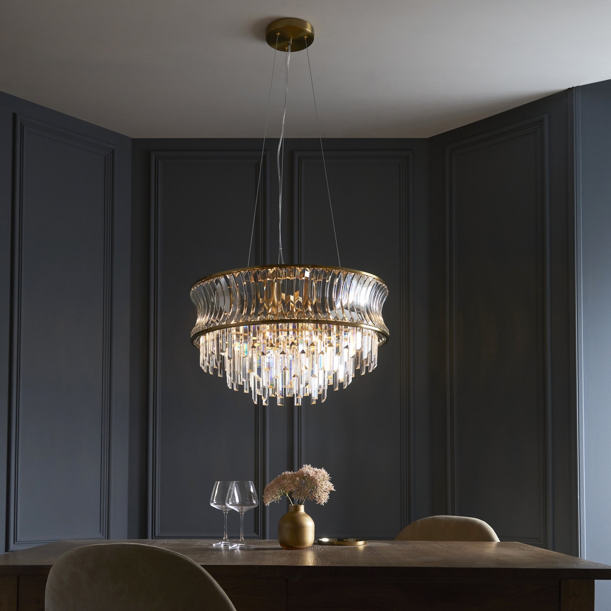 Utopia Bow 9 Light Pendant - Warm Brass Plate with Crystal & Clear Glass