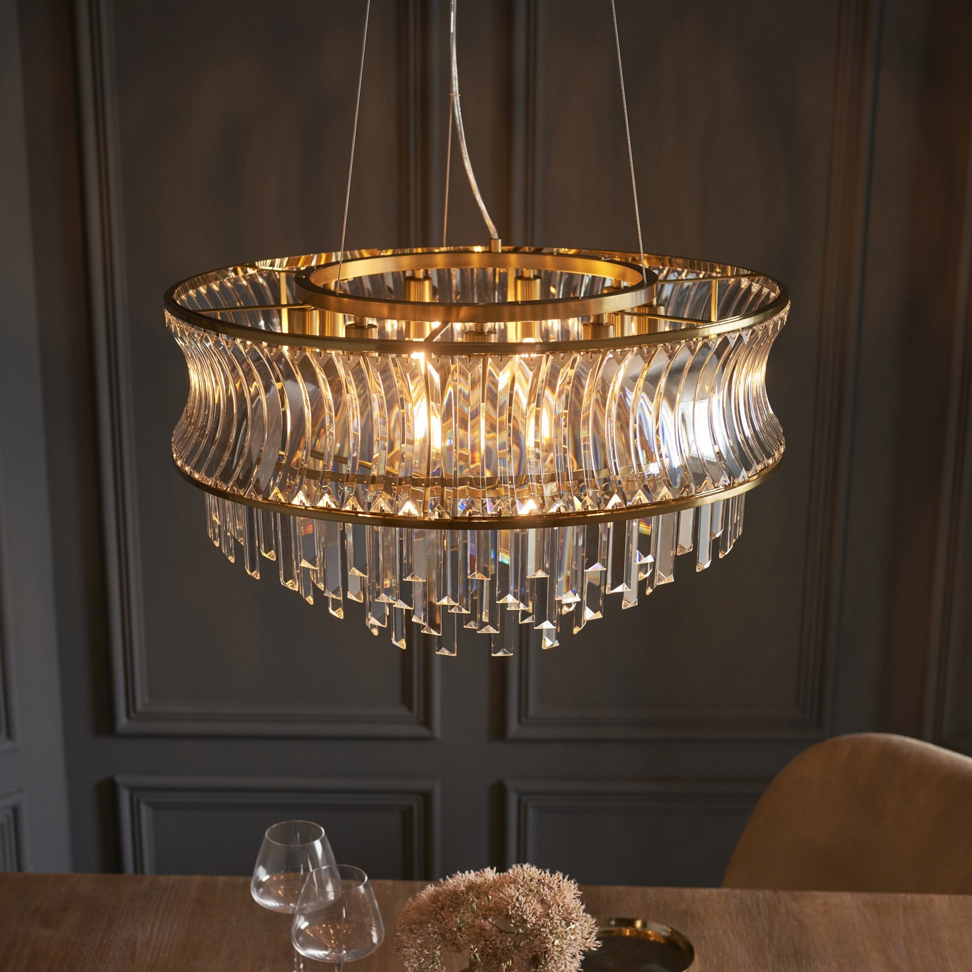 Utopia Bow 9 Light Pendant - Warm Brass Plate with Crystal & Clear Glass