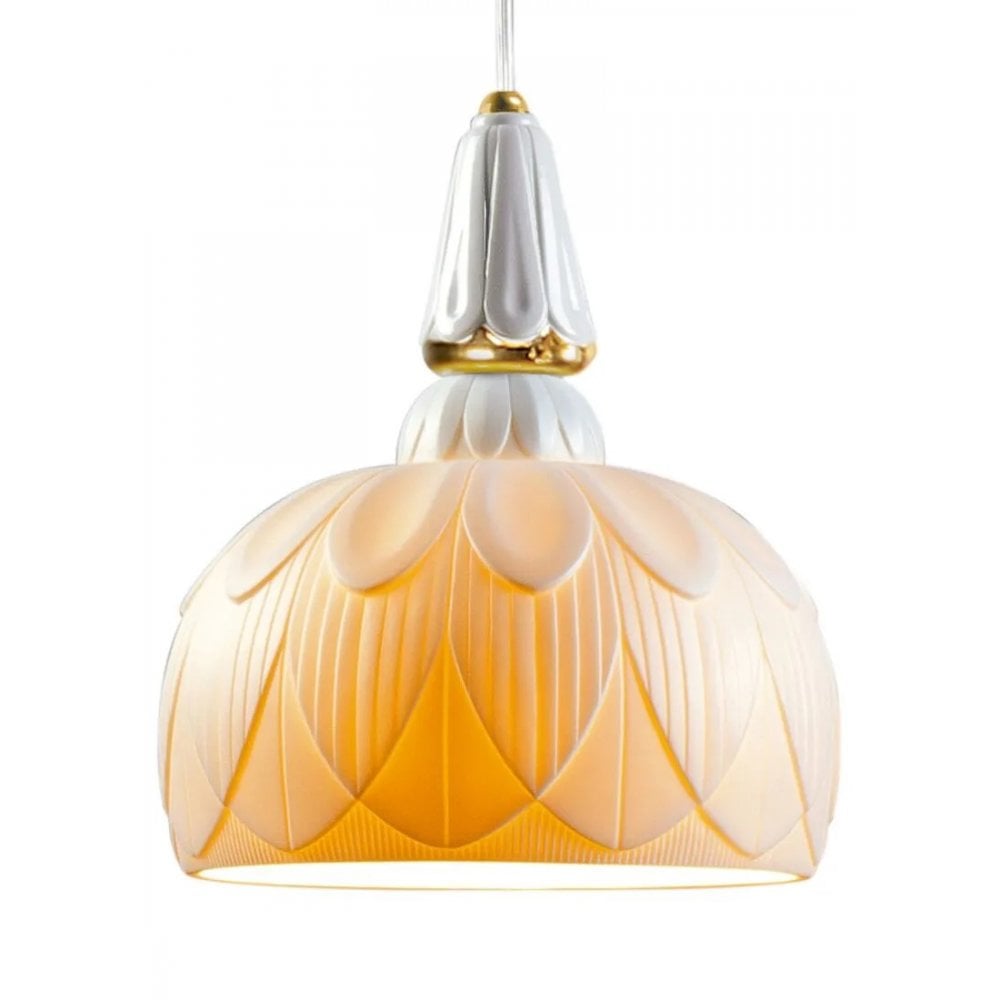 Lladro Ivy & Seed Hanging Lamp - White & Golden Luster