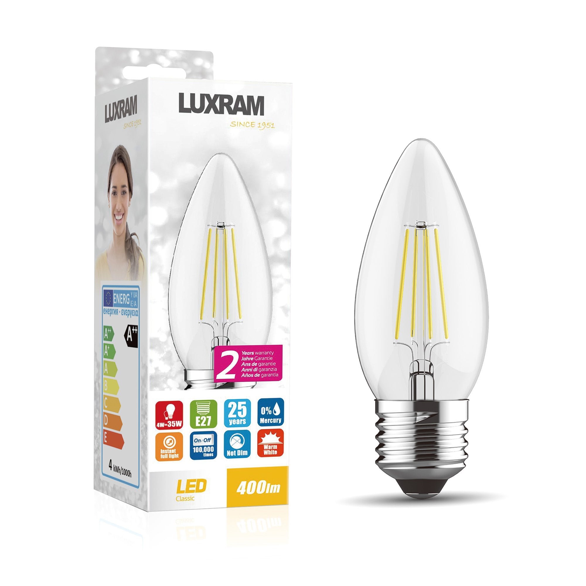 Luxram Value Classic 4W LED Candle E27 Warm White - 2700K (Non-Dimmable)