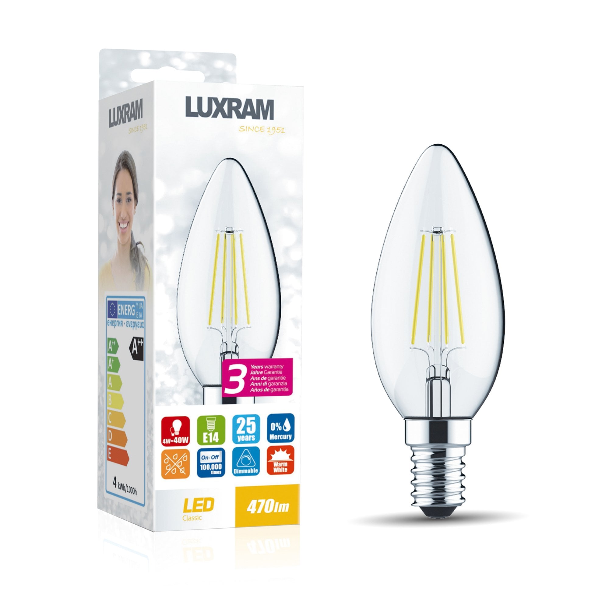 Luxram Value Classic 4W LED Candle E14 Warm White - 3000K (Dimmable)