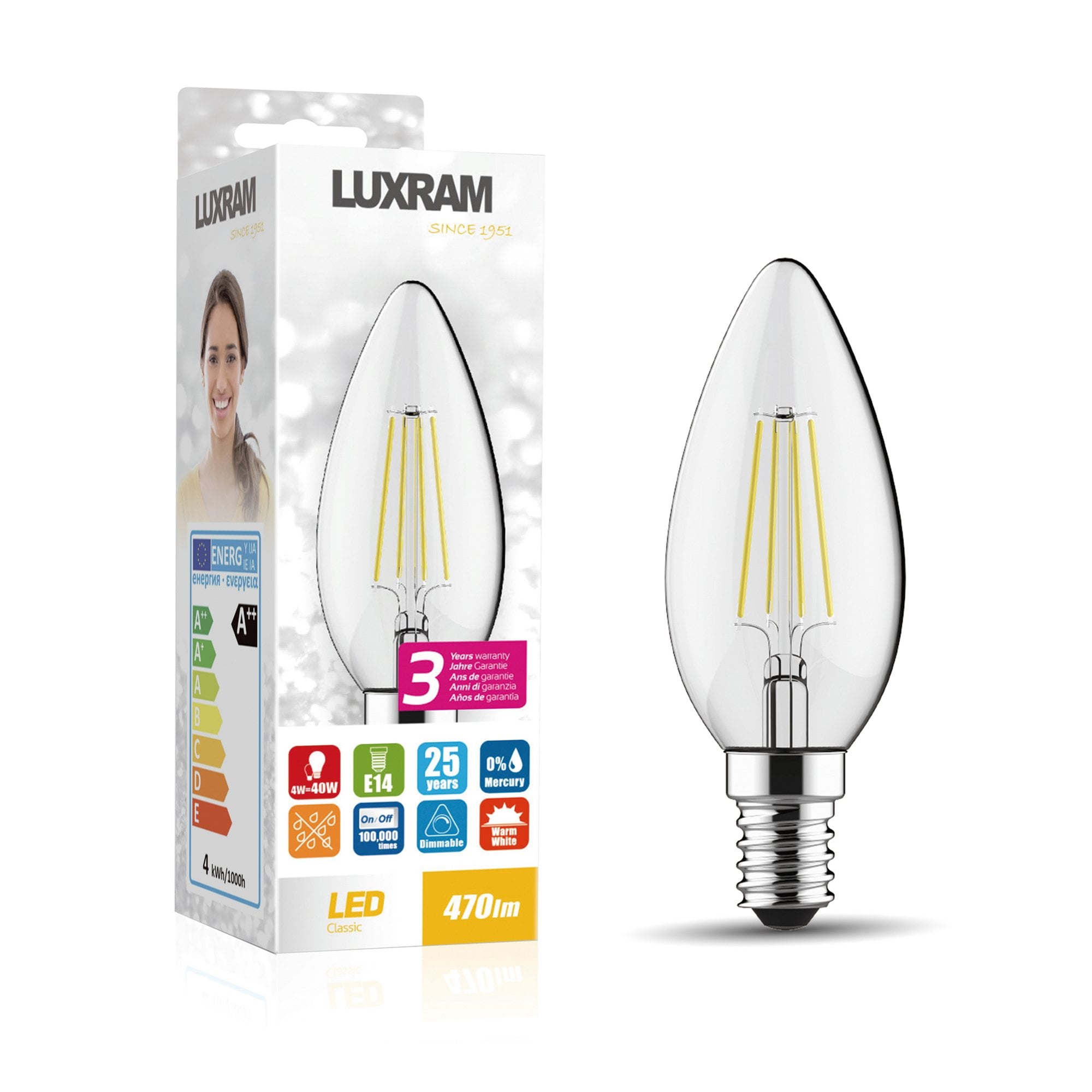 Luxram Value Classic 4W LED Candle E14 Warm White - 2700K (Dimmable)