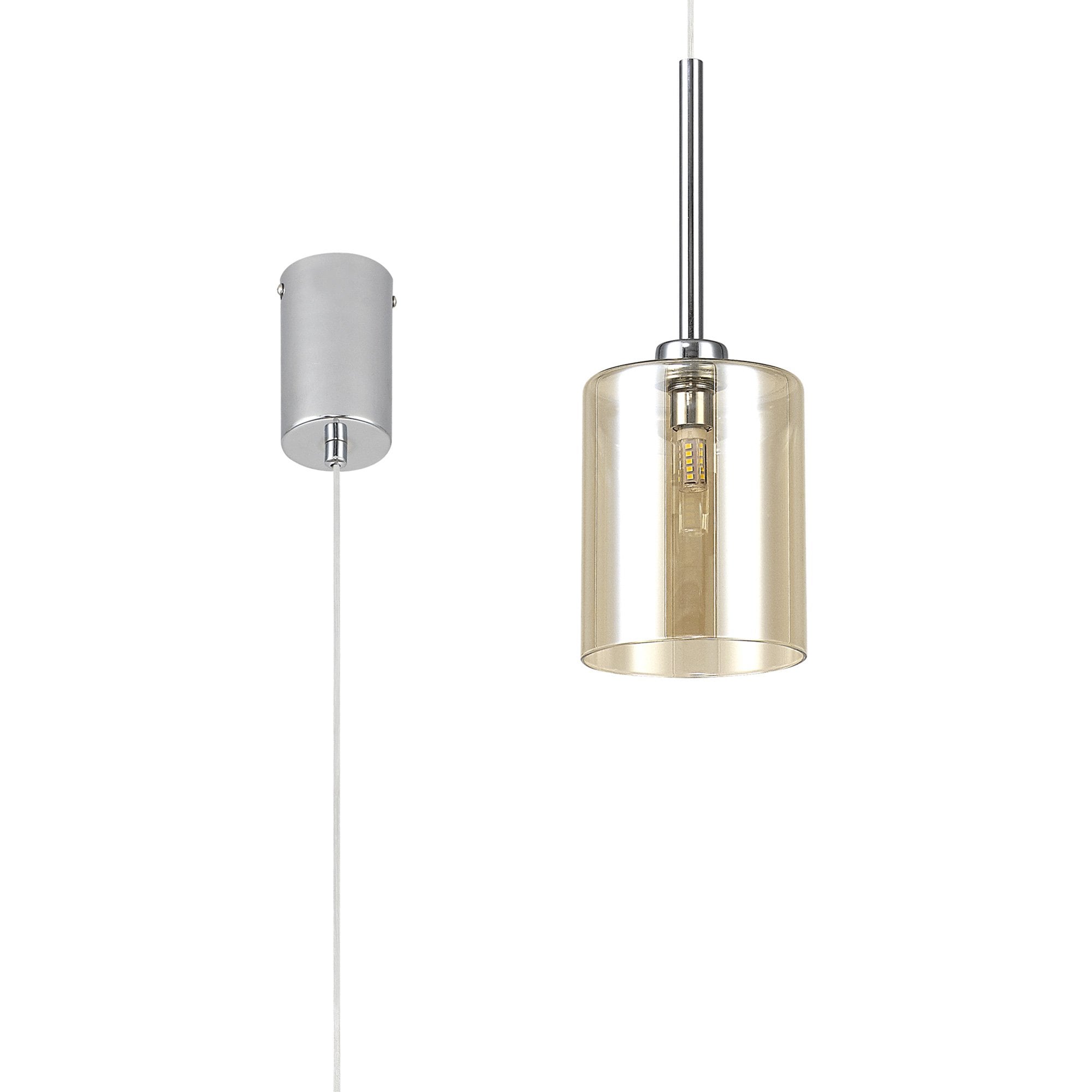 Fabula Tamworth Single Pendant - Medium Cylinder Shade - Polished Chrome & Cognac Glass