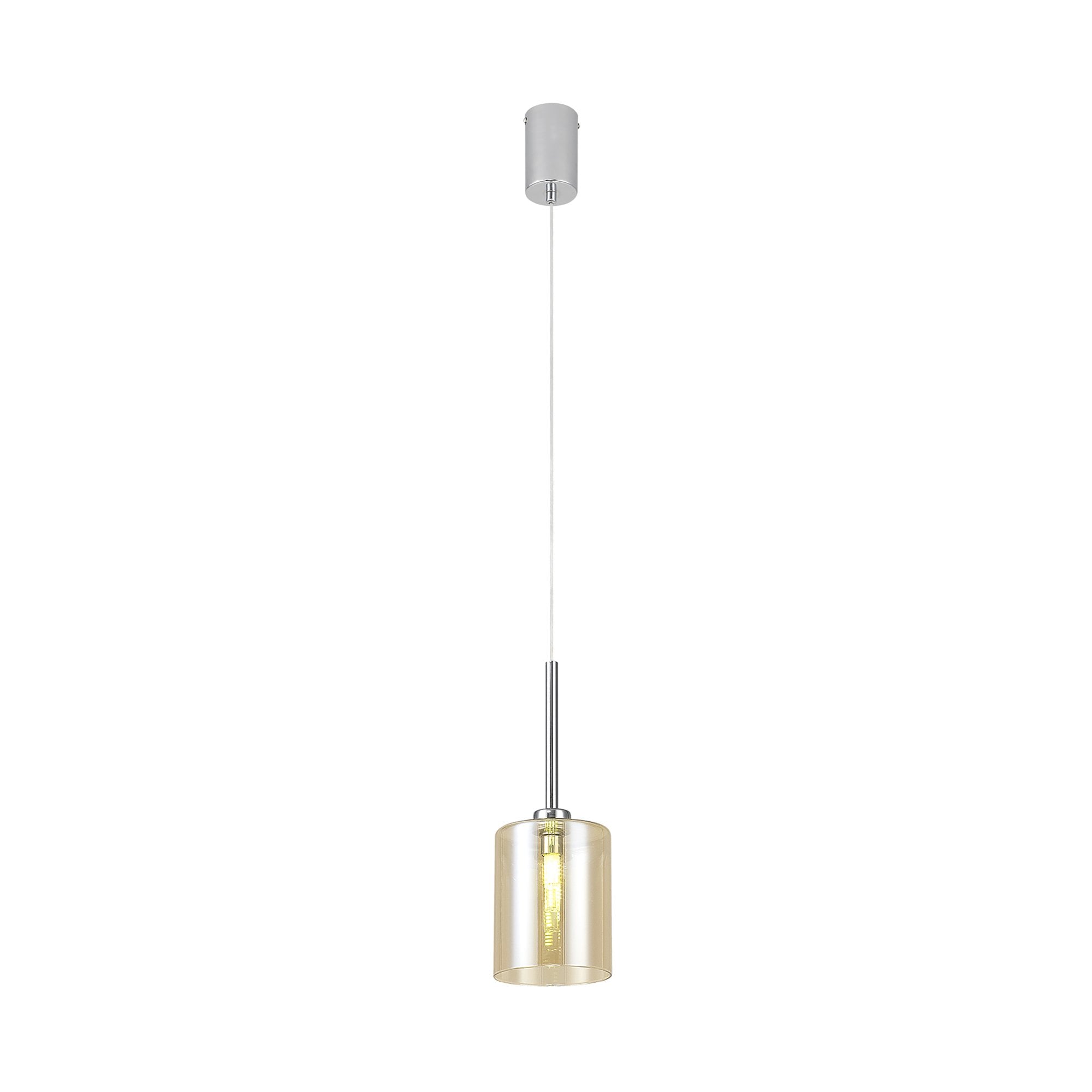 Fabula Tamworth Single Pendant - Medium Cylinder Shade - Polished Chrome & Cognac Glass