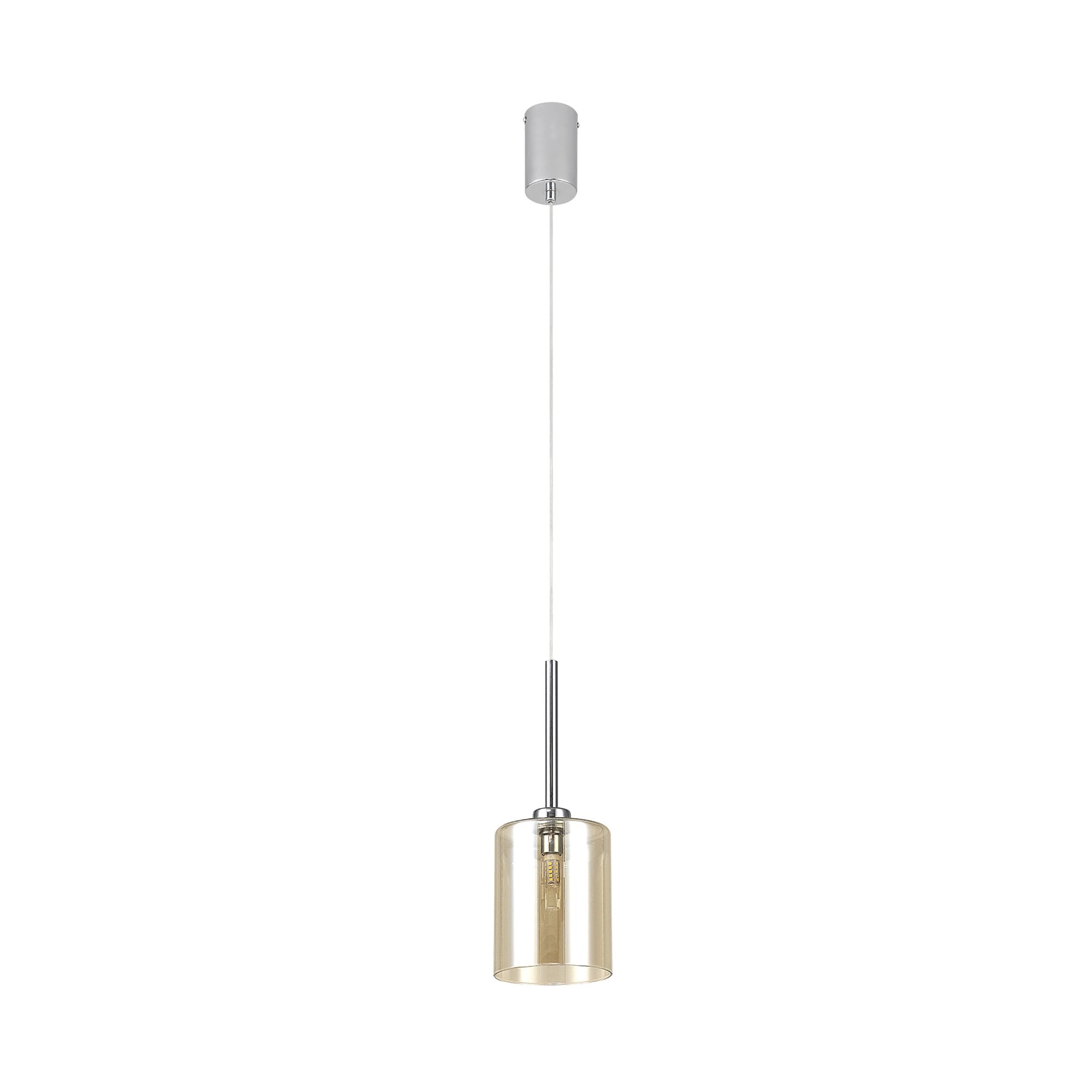 Fabula Tamworth Single Pendant - Medium Cylinder Shade - Polished Chrome & Cognac Glass