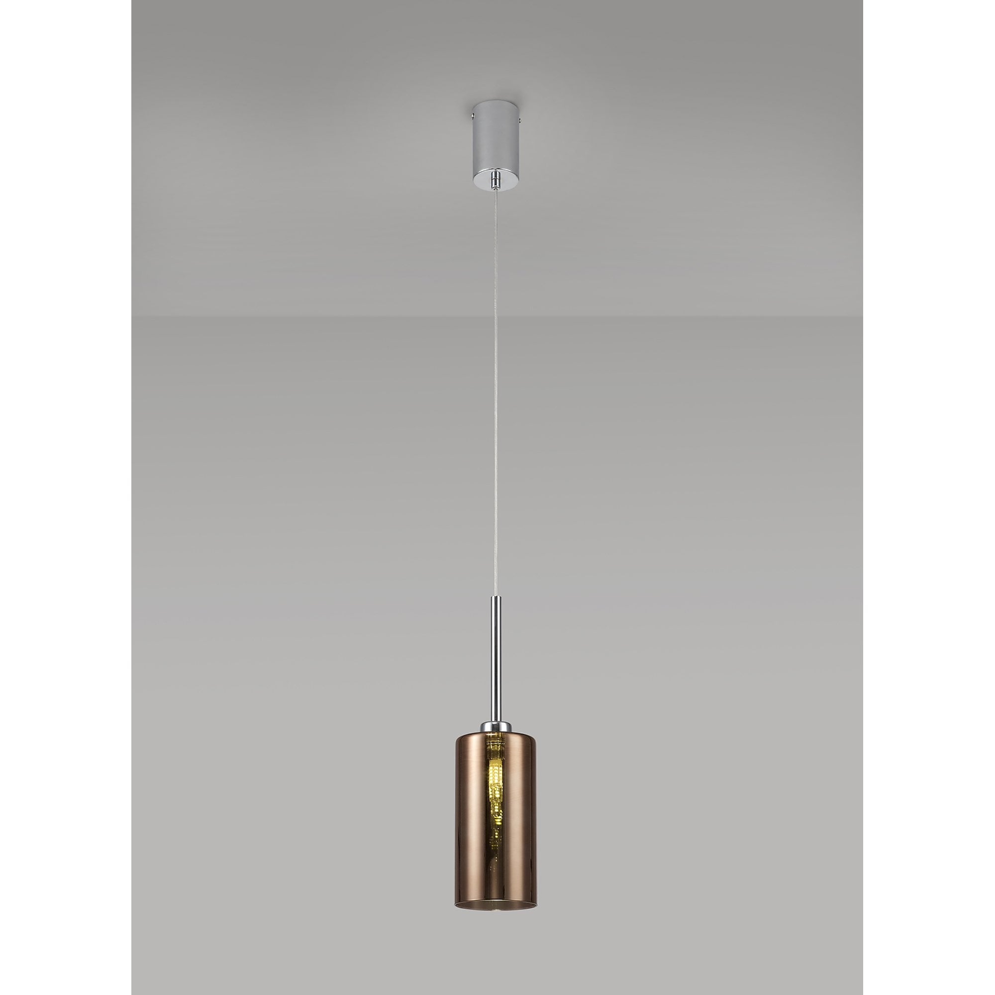 Fabula Tamworth Single Pendant - Tall Cylinder Shade - Polished Chrome & Copper Glass