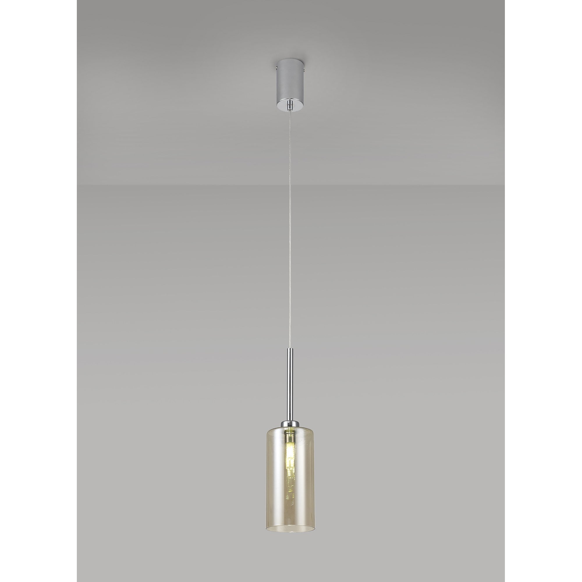 Fabula Tamworth Single Pendant - Tall Cylinder Shade - Polished Chrome & Cognac Glass