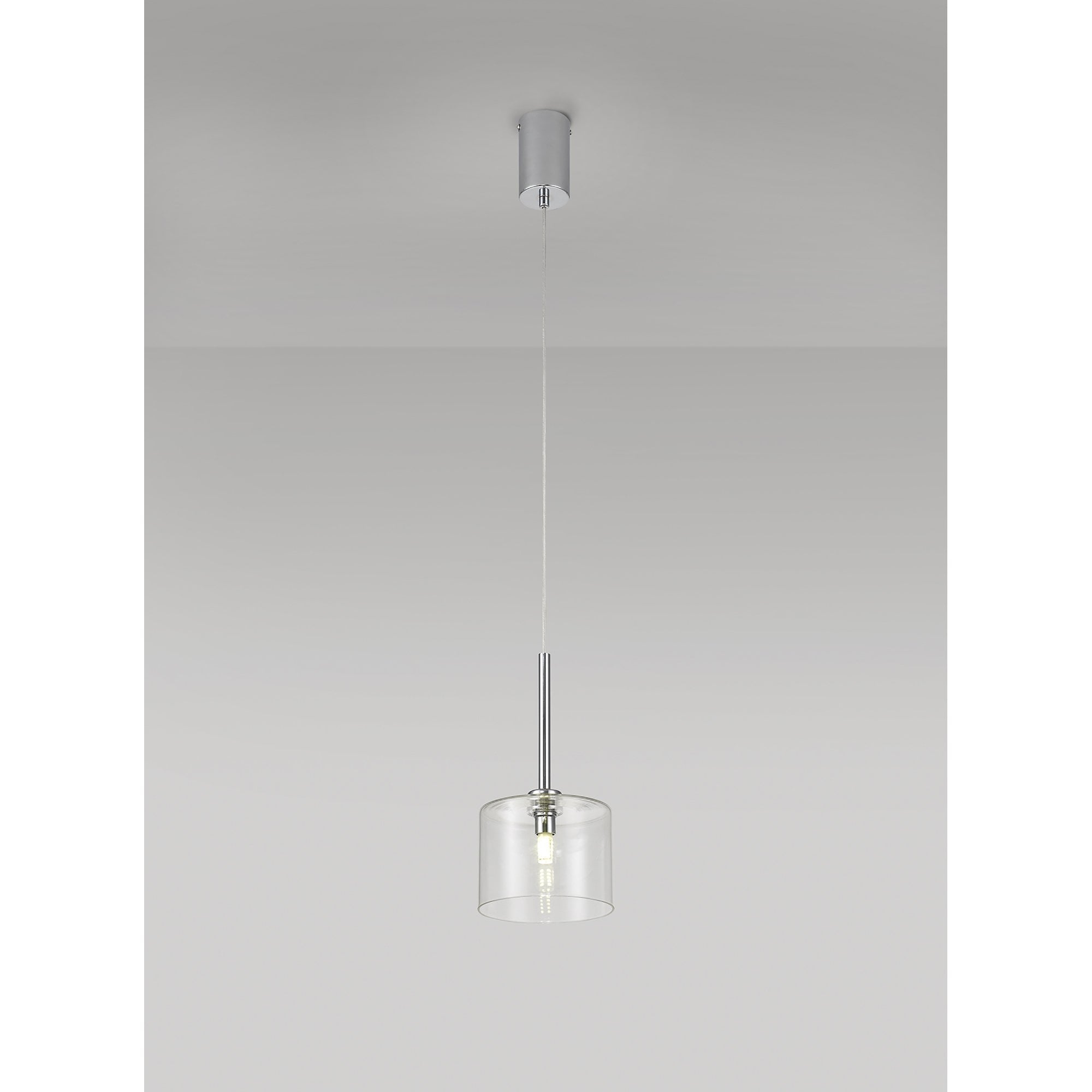 Fabula Tamworth Single Pendant - Short Cylinder Shade - Polished Chrome & Clear Glass