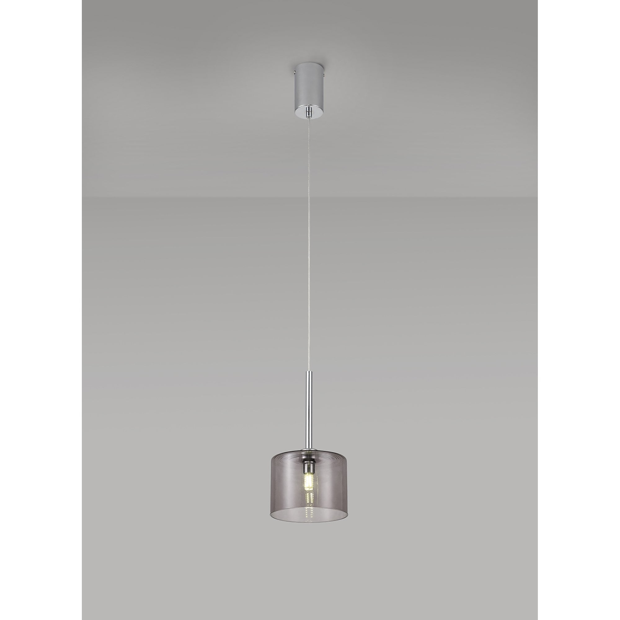 Fabula Tamworth Single Pendant - Short Cylinder Shade - Polished Chrome & Smoked Glass