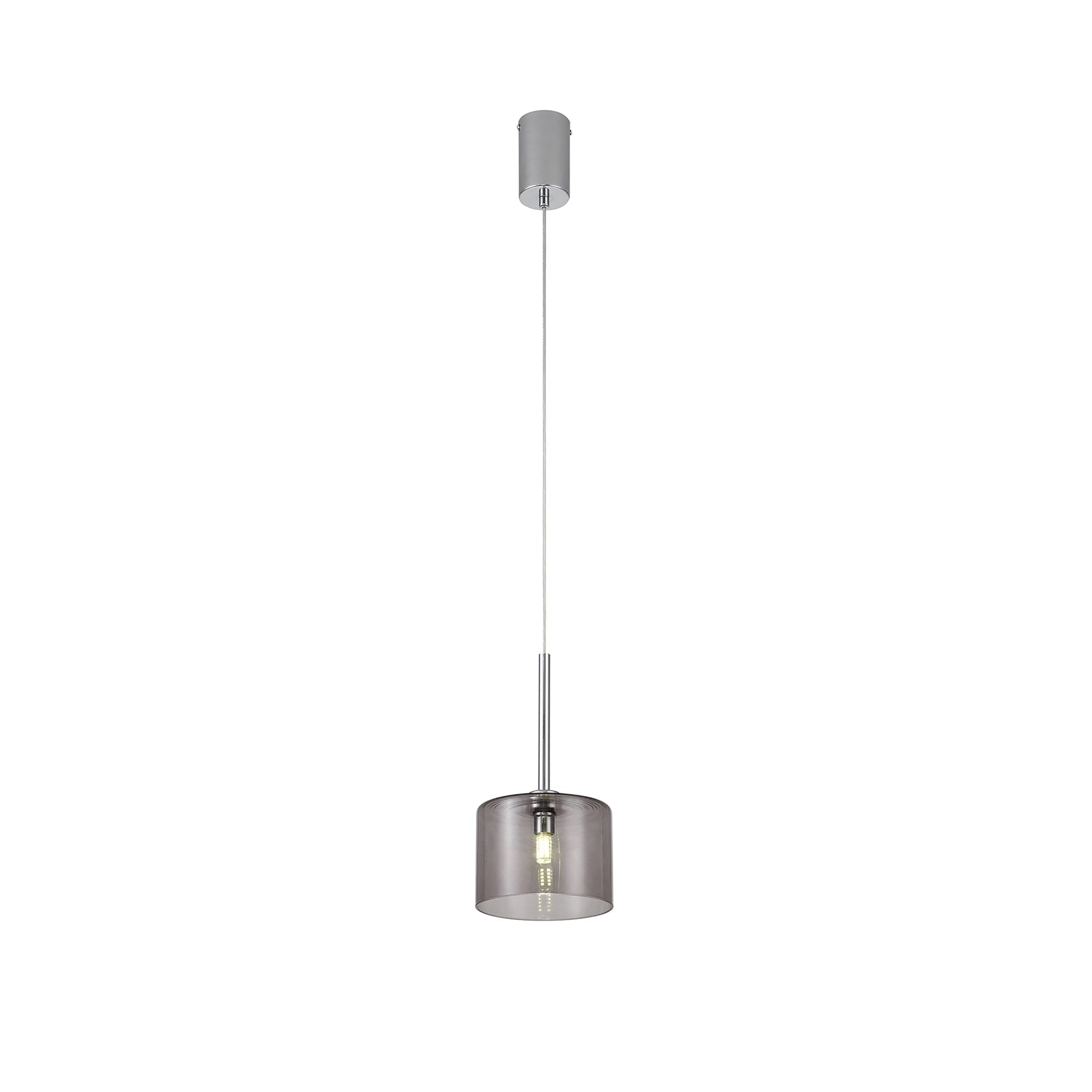 Fabula Tamworth Single Pendant - Short Cylinder Shade - Polished Chrome & Smoked Glass