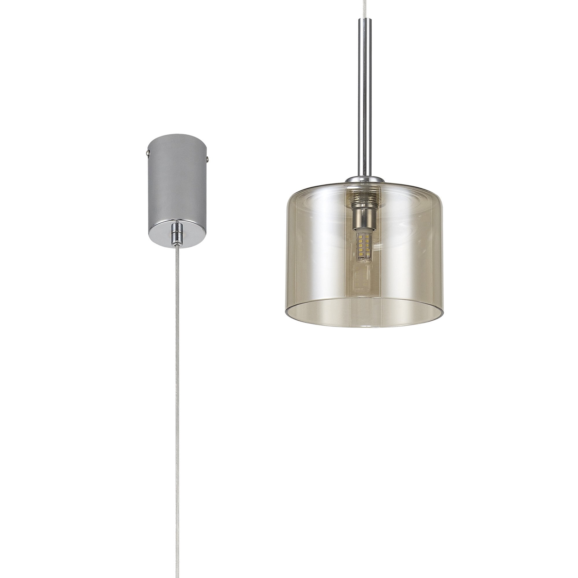 Fabula Tamworth Single Pendant - Short Cylinder Shade - Polished Chrome & Cognac Glass