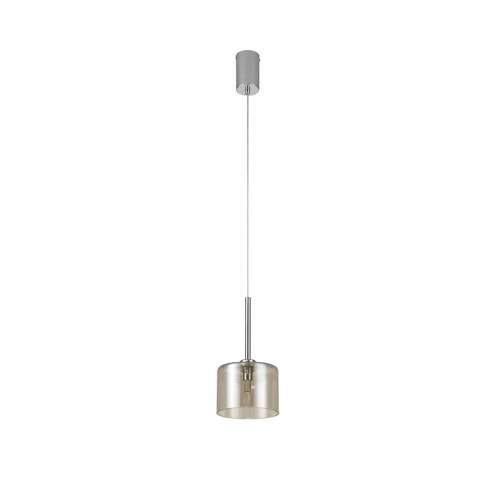 Fabula Tamworth Single Pendant - Short Cylinder Shade - Polished Chrome & Cognac Glass