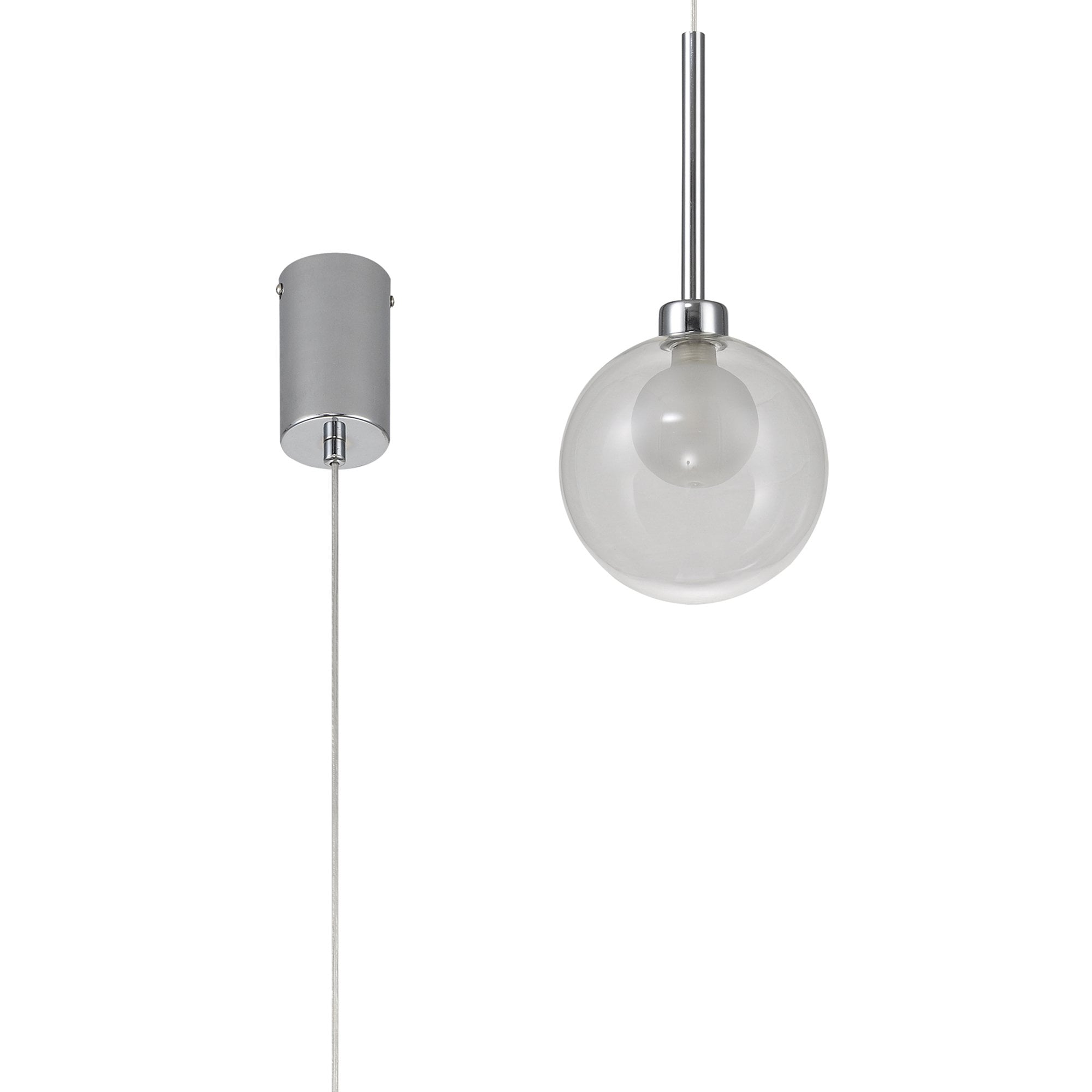 Fabula Tamworth Single Pendant - Round Shade with Inner Frosted Globe - Polished Chrome, Clear & Frosted Glass