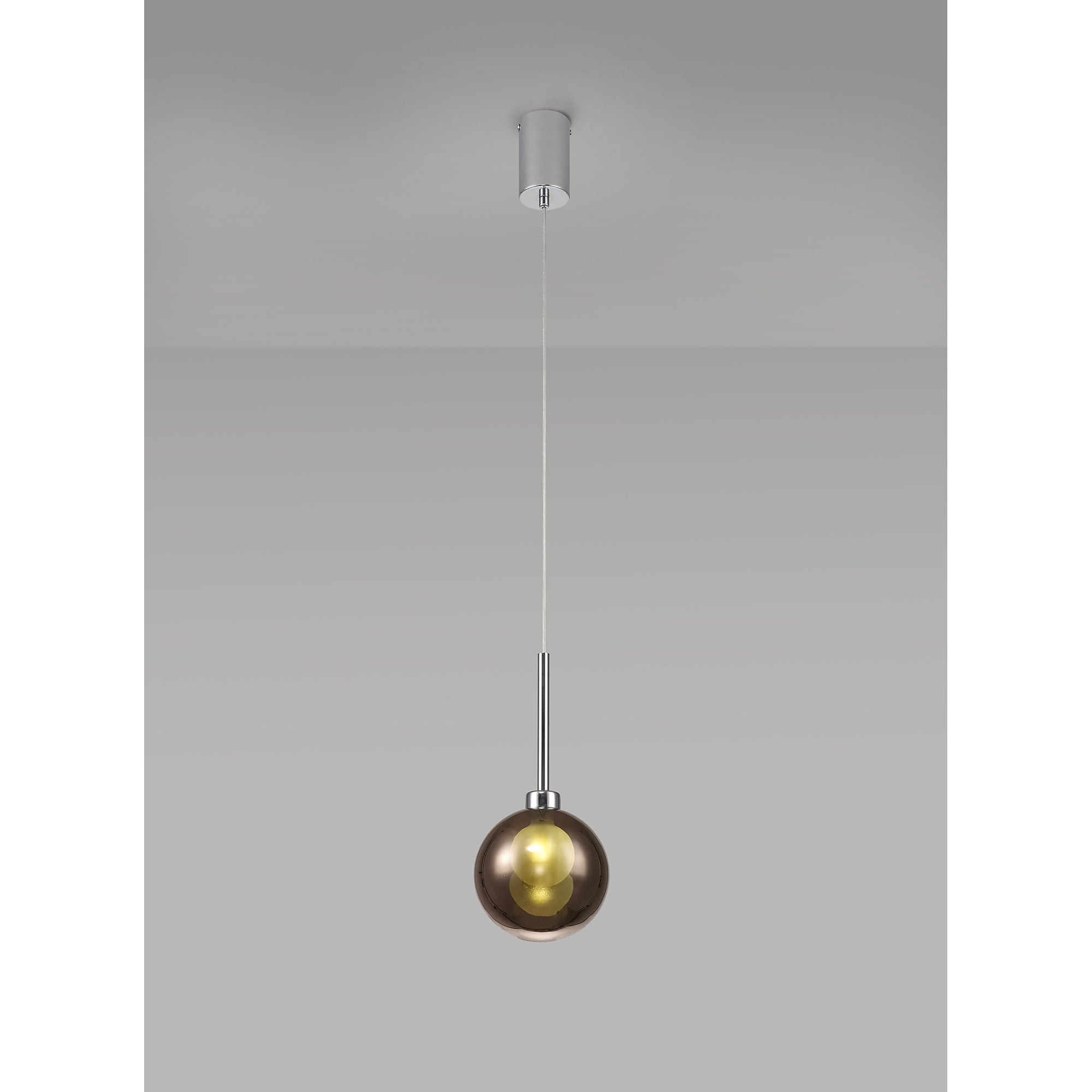 Fabula Tamworth Single Pendant - Round Shade with Inner Frosted Globe - Polished Chrome, Copper & Frosted Glass