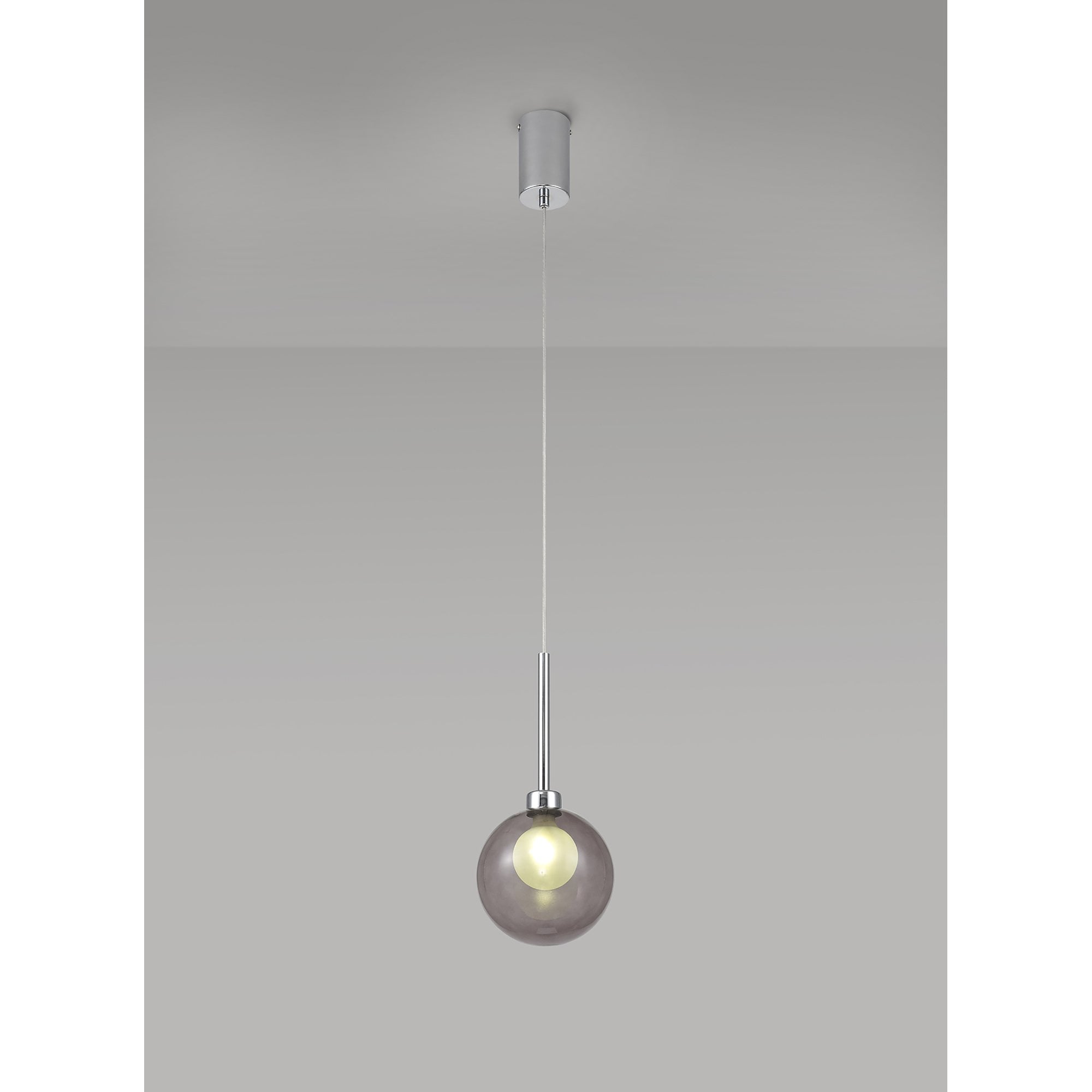 Fabula Tamworth Single Pendant - Round Shade with Inner Frosted Globe - Polished Chrome, Smoked & Frosted Glass
