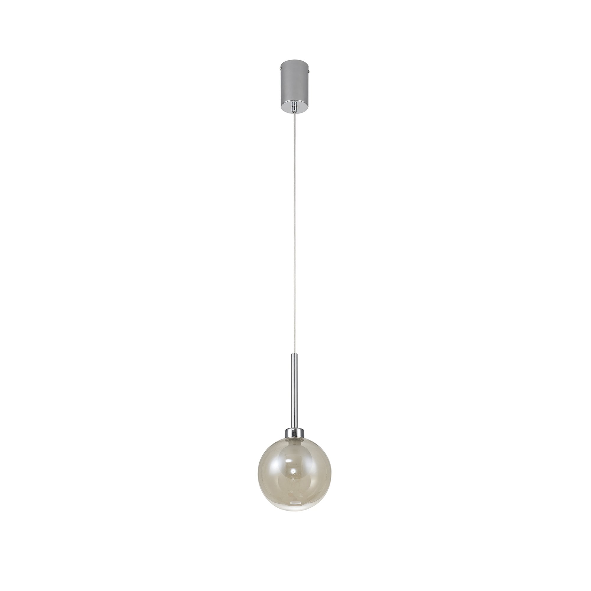 Fabula Tamworth Single Pendant - Round Shade with Inner Frosted Globe - Polished Chrome, Cognac & Frosted Glass