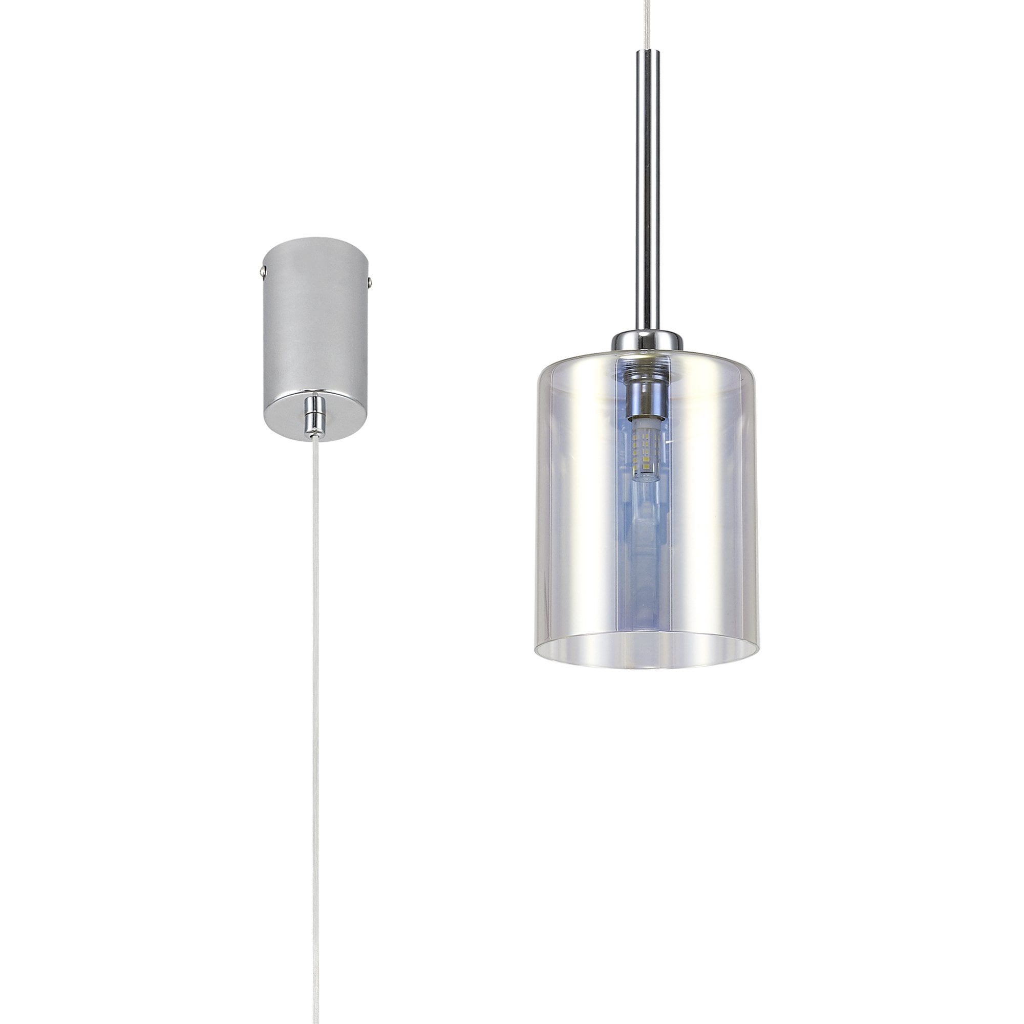 Fabula Tamworth Single Pendant - Medium Cylinder Shade - Polished Chrome & Iridescent Glass