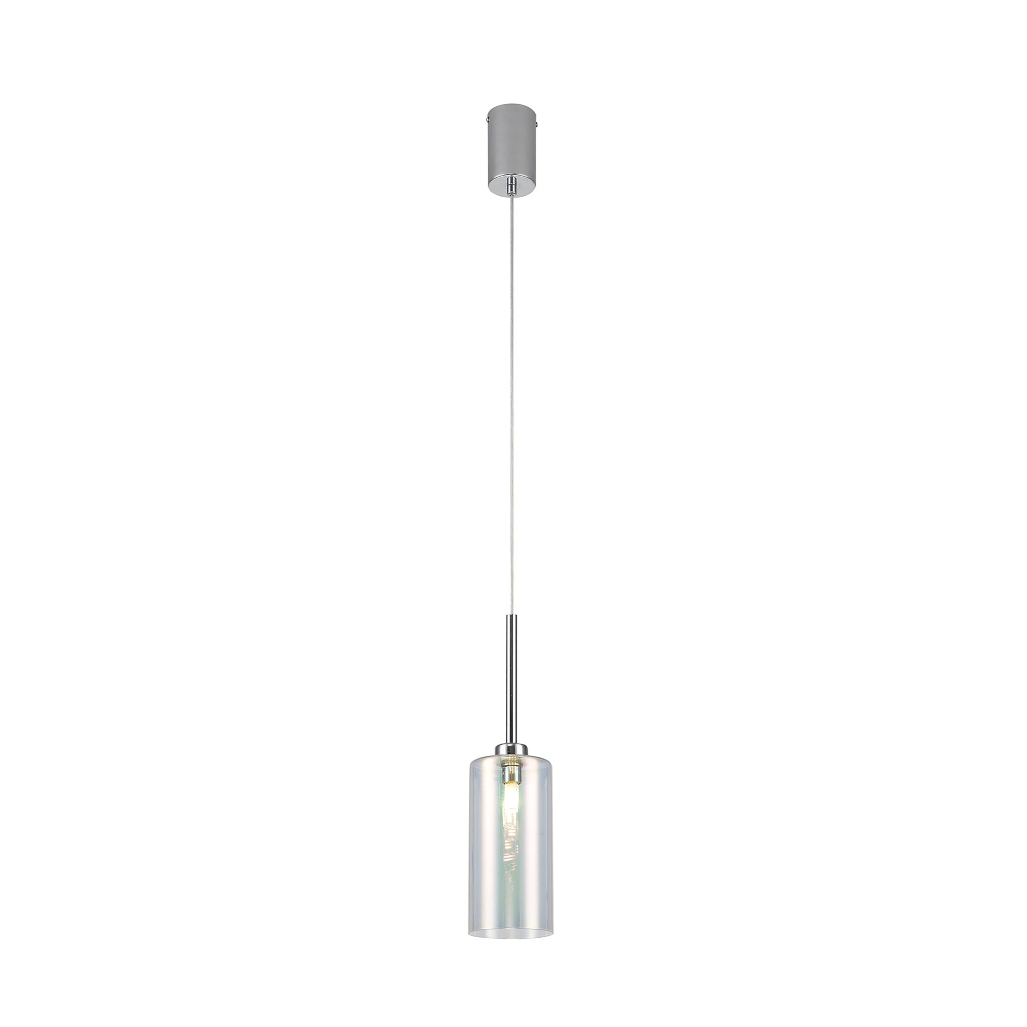 Fabula Tamworth Single Pendant - Tall Cylinder Shade - Polished Chrome & Iridescent Glass