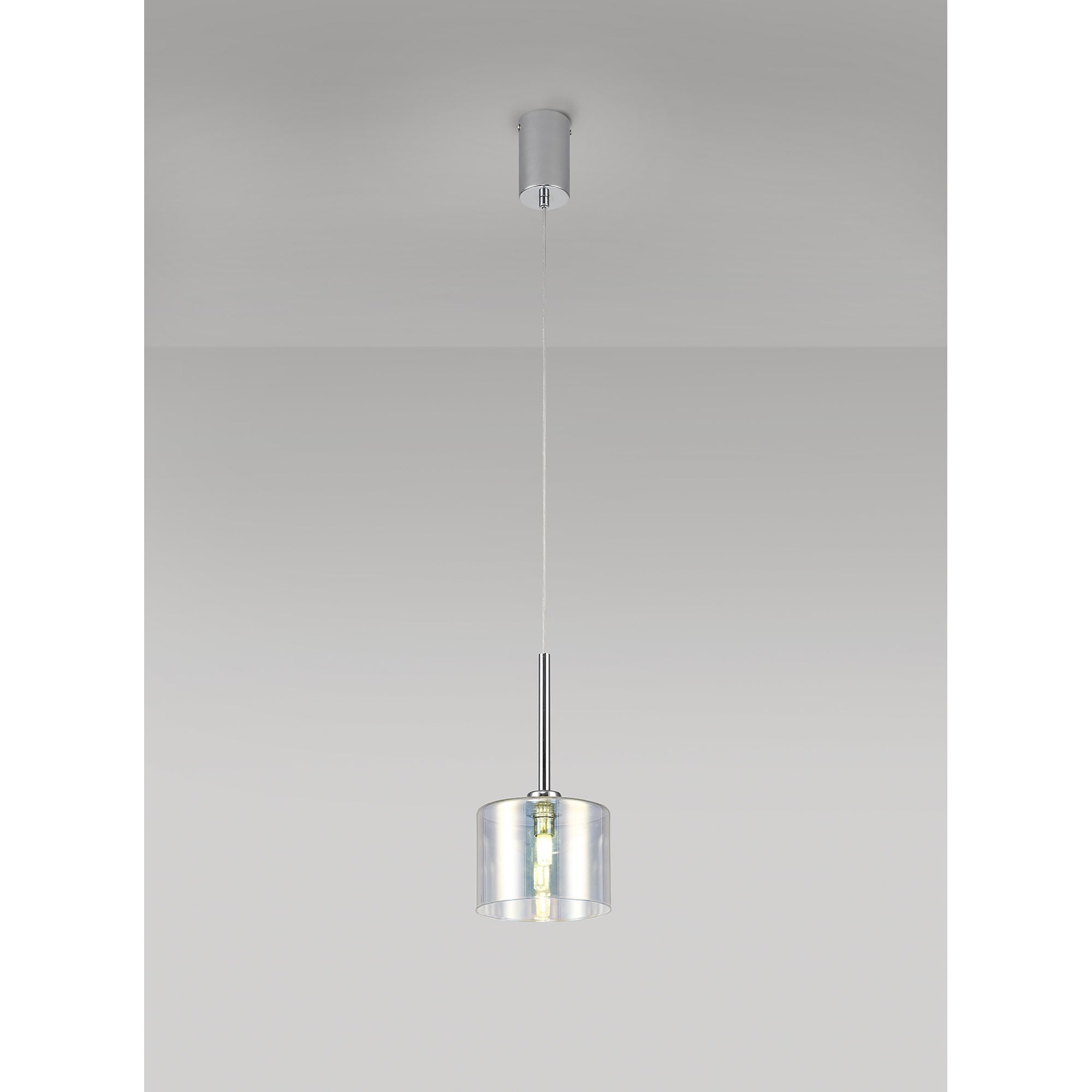 Fabula Tamworth Single Pendant - Short Cylinder Shade - Polished Chrome & Iridescent Glass