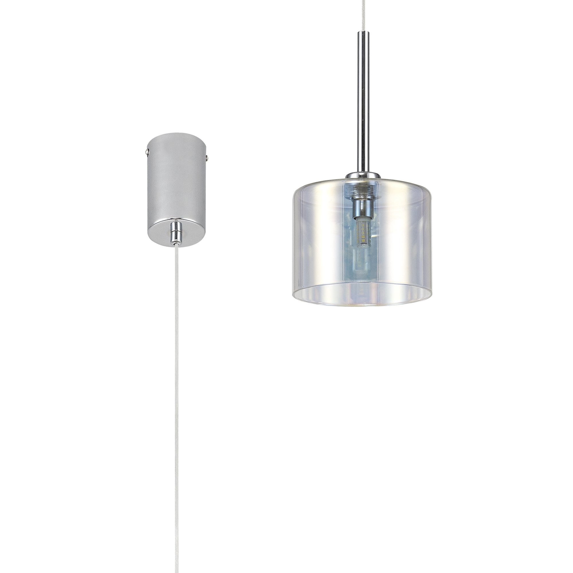 Fabula Tamworth Single Pendant - Short Cylinder Shade - Polished Chrome & Iridescent Glass