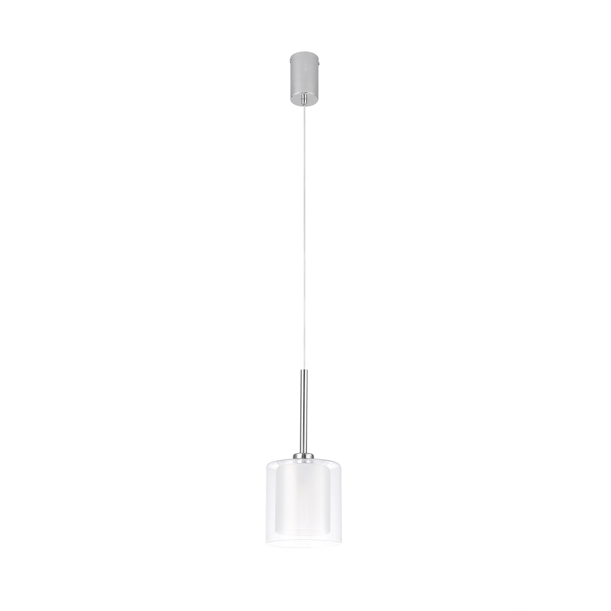 Fabula Tamworth Single Pendant - Medium Cylinder Shade with Clear Outer - Polished Chrome, Frosted & Clear Glass