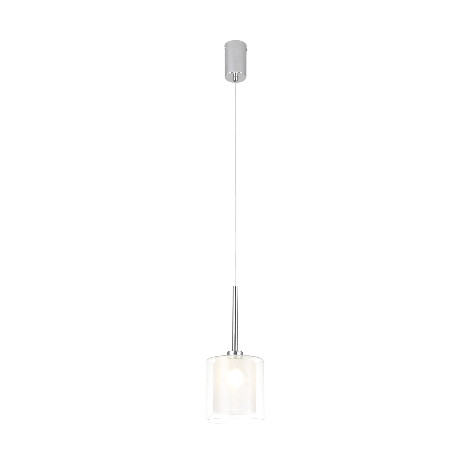 Fabula Tamworth Single Pendant - Medium Cylinder Shade with Clear Outer - Polished Chrome, Frosted & Clear Glass