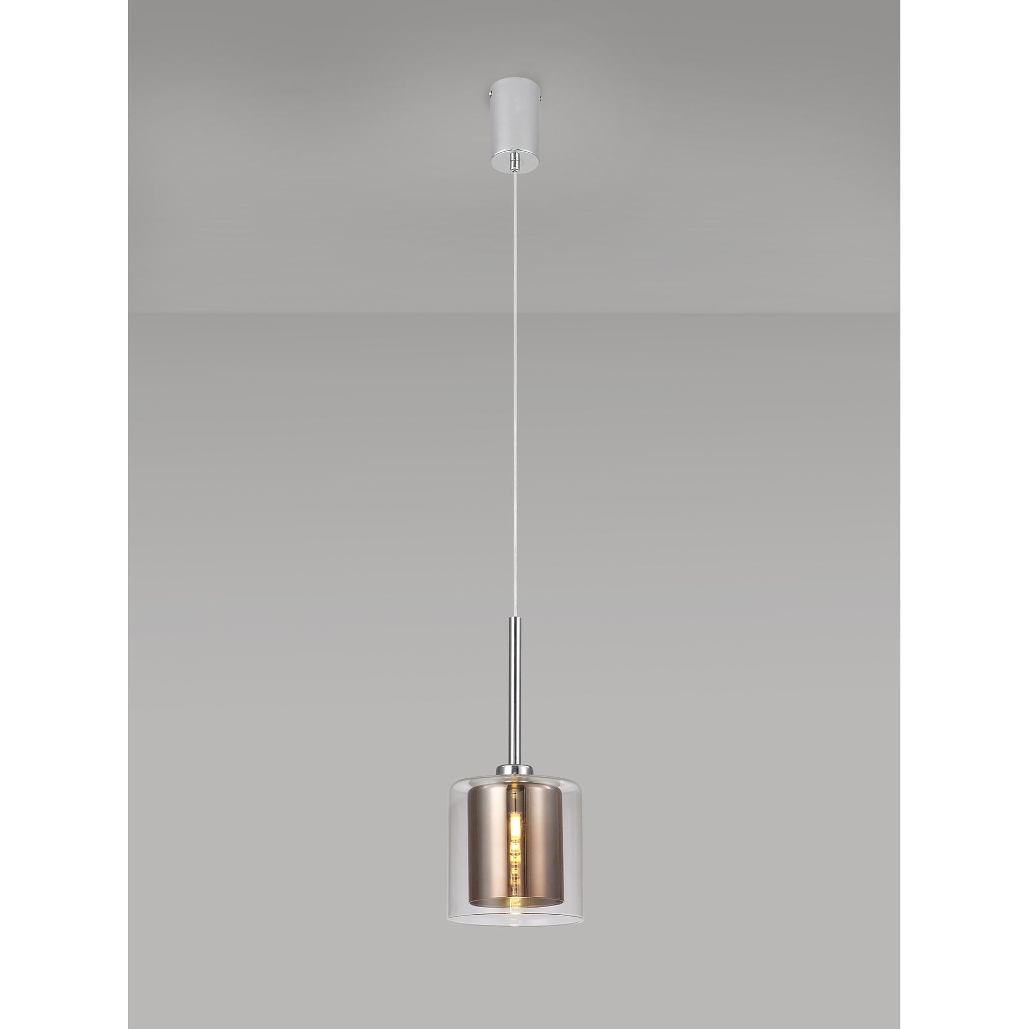 Fabula Tamworth Single Pendant - Medium Cylinder Shade with Clear Outer - Polished Chrome, Copper & Clear Glass
