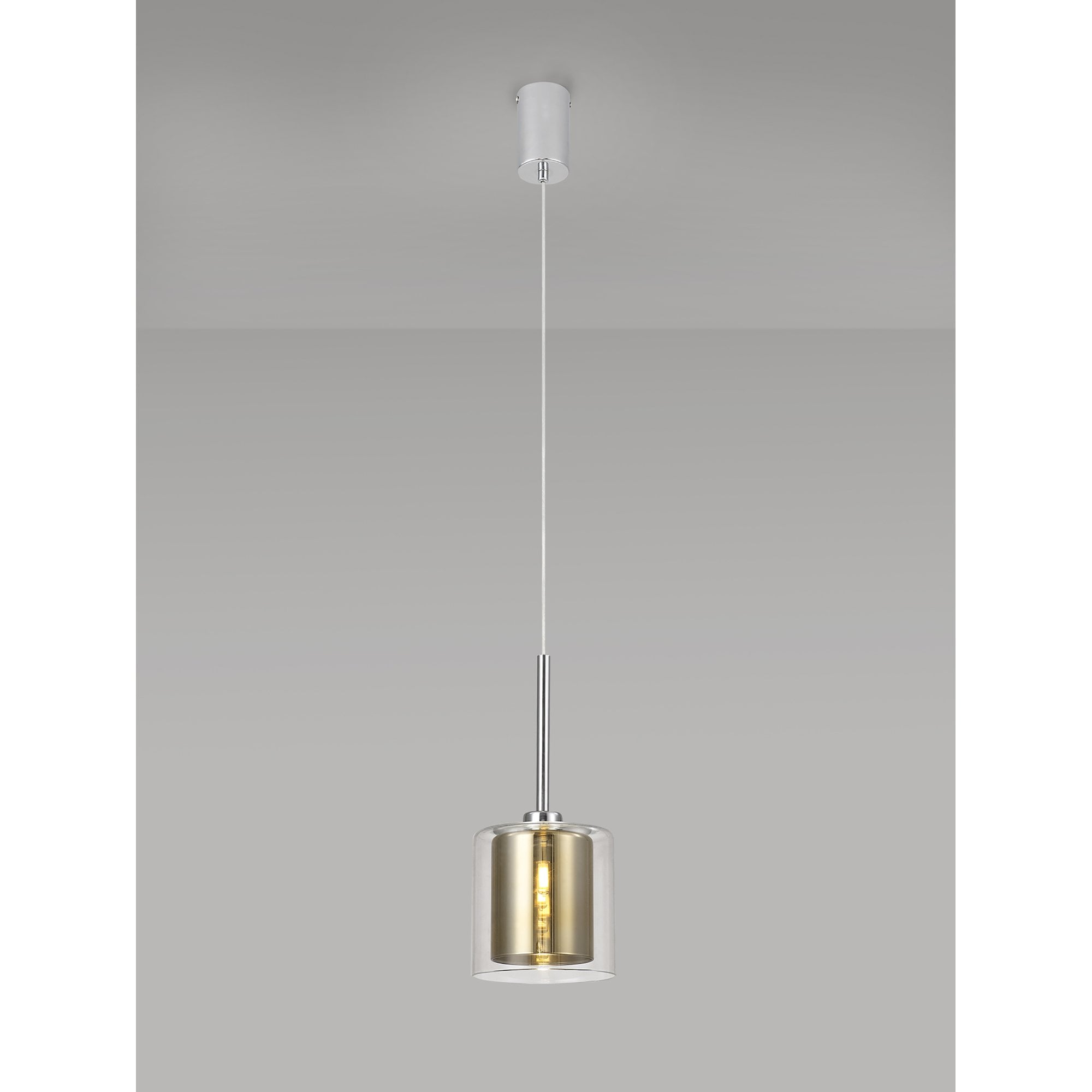 Fabula Tamworth Single Pendant - Medium Cylinder Shade with Clear Outer - Polished Chrome, Gold & Clear Glass