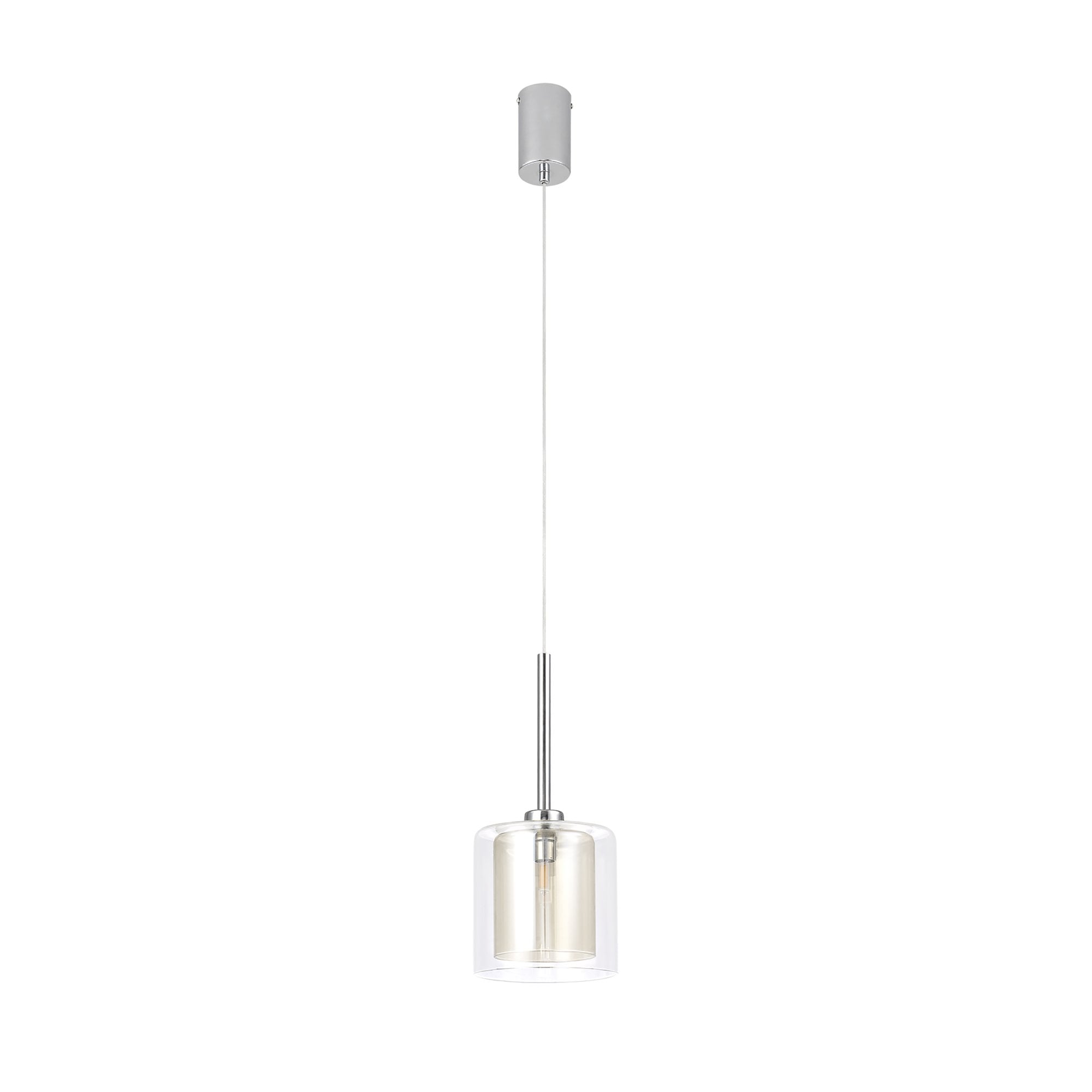 Fabula Tamworth Single Pendant - Medium Cylinder Shade with Clear Outer - Polished Chrome, Cognac & Clear Glass