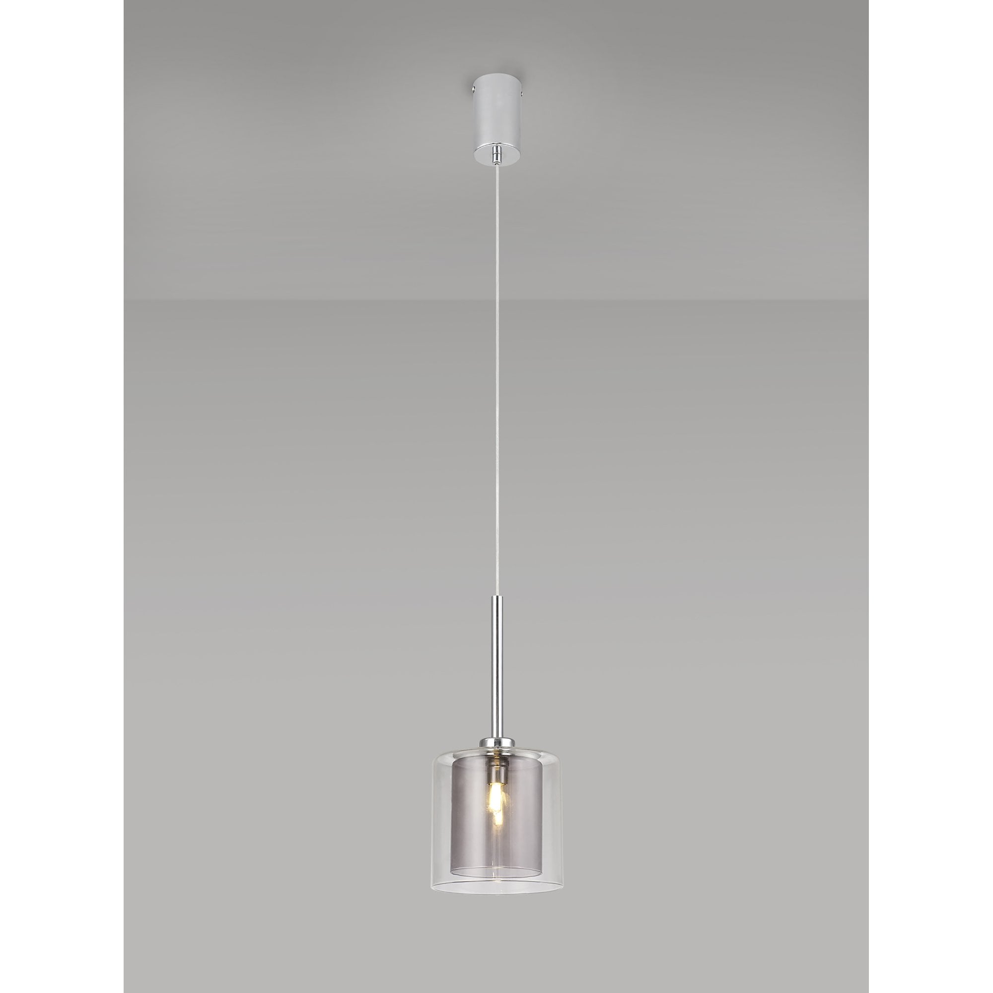 Fabula Tamworth Single Pendant - Medium Cylinder Shade with Clear Outer - Polished Chrome, Smoked & Clear Glass