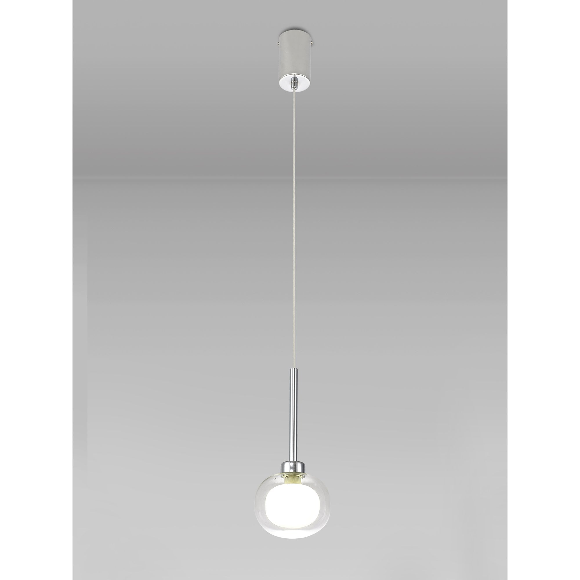 Fabula Tamworth Single Pendant - Flattened Round Shade with Inner Frosted Globe - Polished Chrome, Clear & Frosted Glass