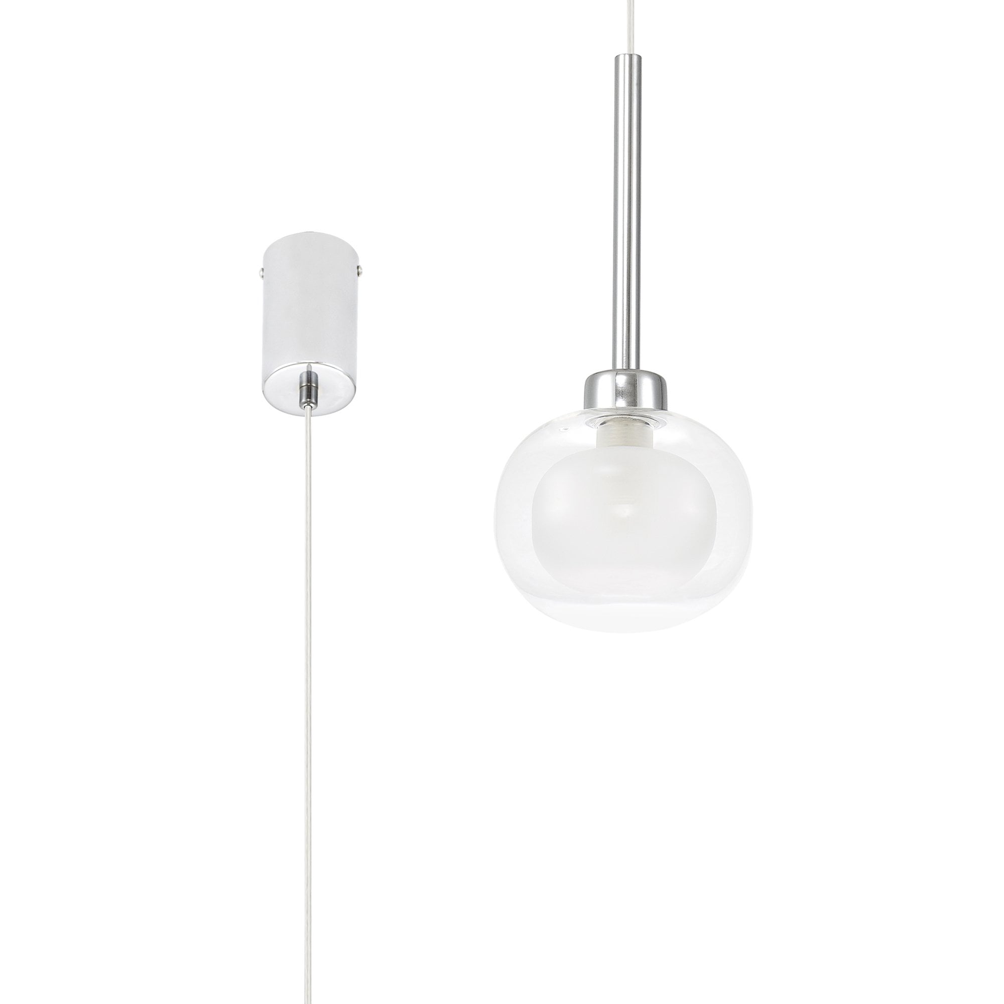 Fabula Tamworth Single Pendant - Flattened Round Shade with Inner Frosted Globe - Polished Chrome, Clear & Frosted Glass