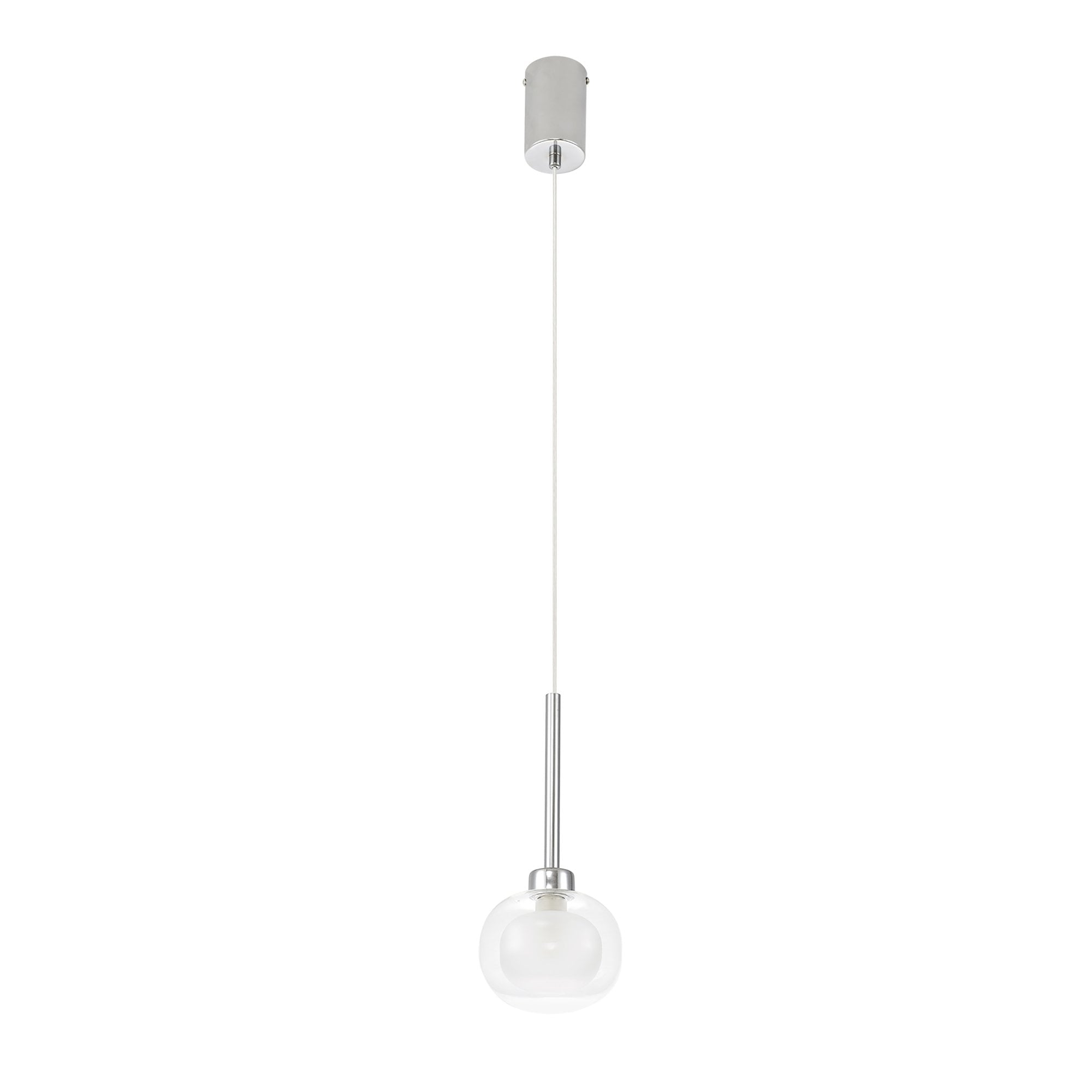 Fabula Tamworth Single Pendant - Flattened Round Shade with Inner Frosted Globe - Polished Chrome, Clear & Frosted Glass