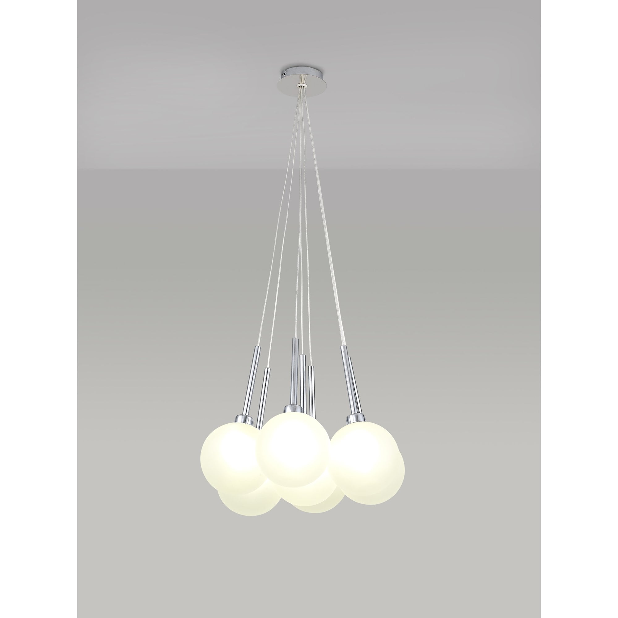 Fabula Tamworth 7 Light Cluster Pendant - Round Shades with Inner Frosted Globes - Polished Chrome & Frosted Glass