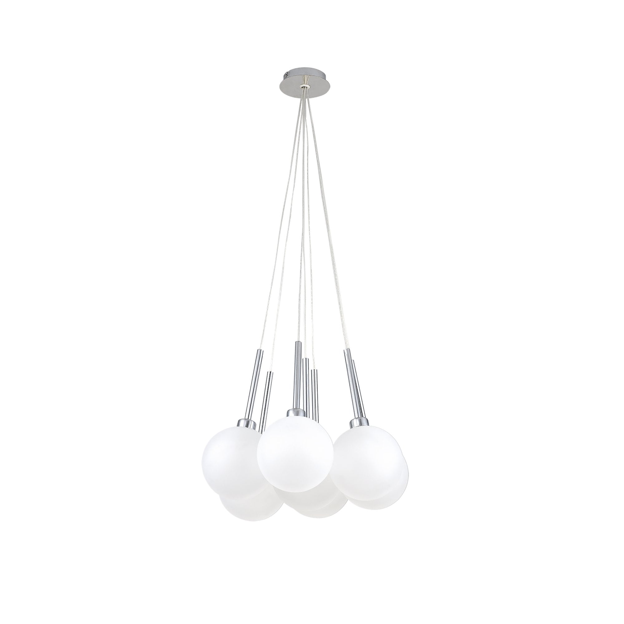 Fabula Tamworth 7 Light Cluster Pendant - Round Shades with Inner Frosted Globes - Polished Chrome & Frosted Glass
