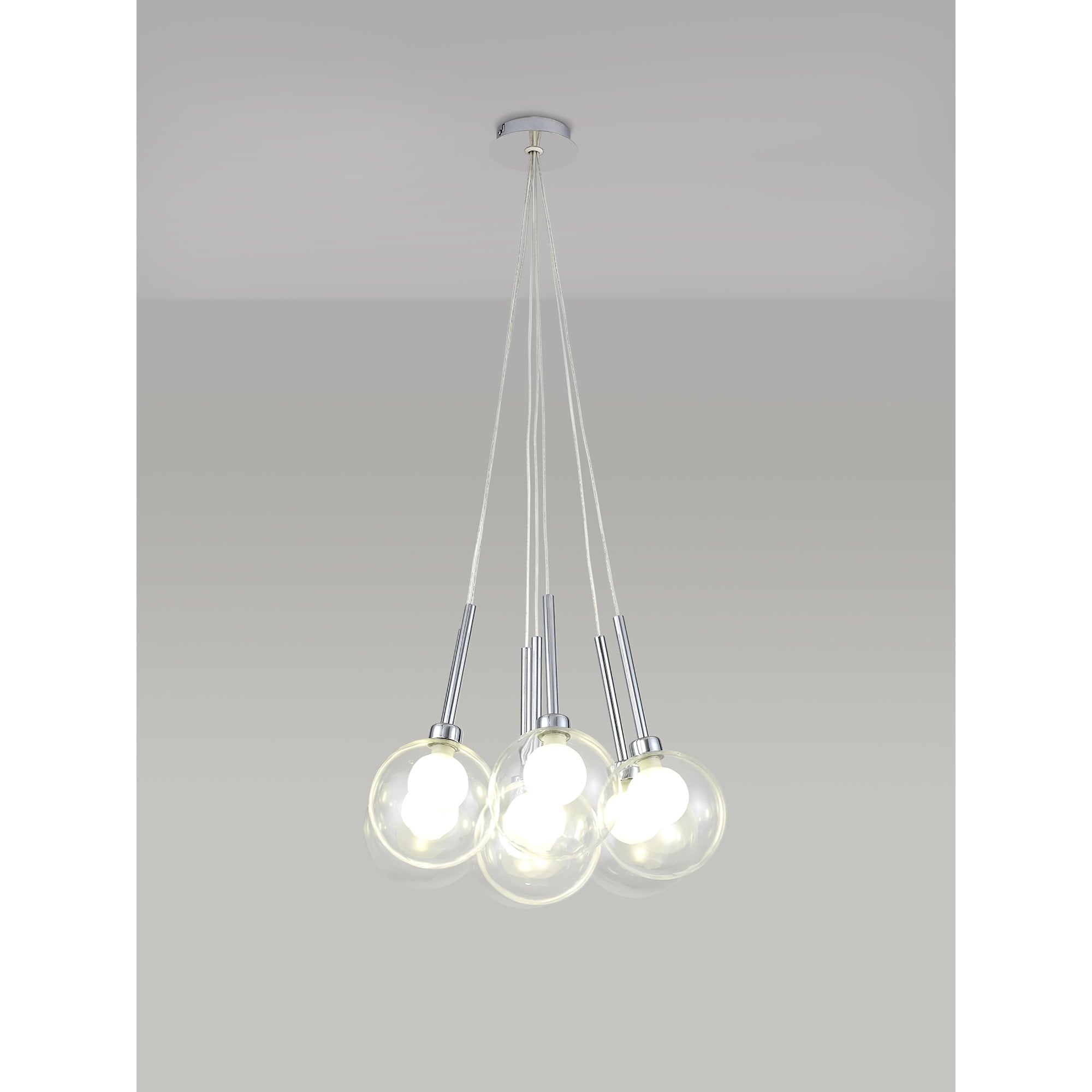 Fabula Tamworth 7 Light Cluster Pendant - Round Shades with Inner Frosted Globes - Polished Chrome, Clear & Frosted Glass