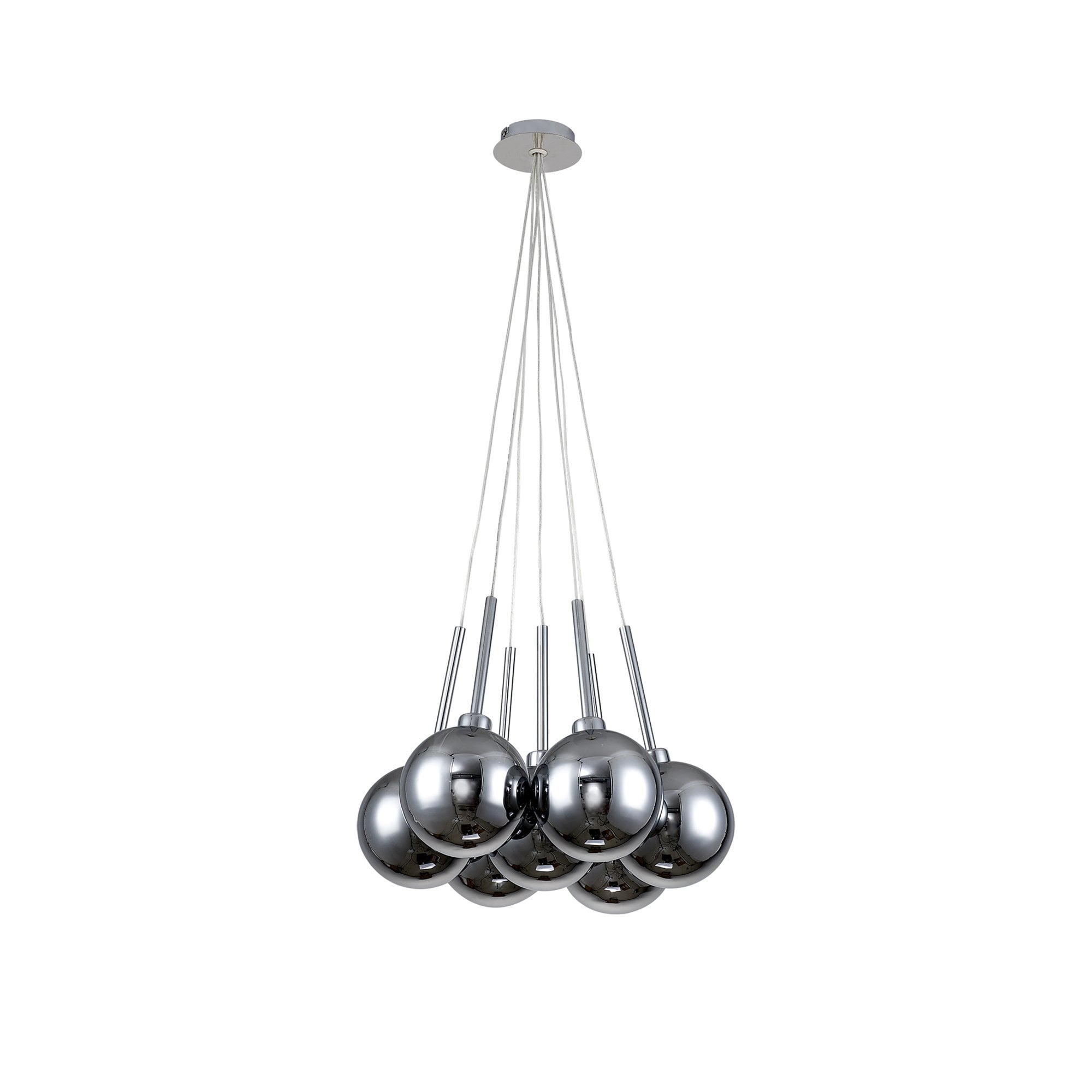 Fabula Tamworth 7 Light Cluster Pendant - Round Shades with Inner Frosted Globes - Polished Chrome, Chrome & Frosted Glass
