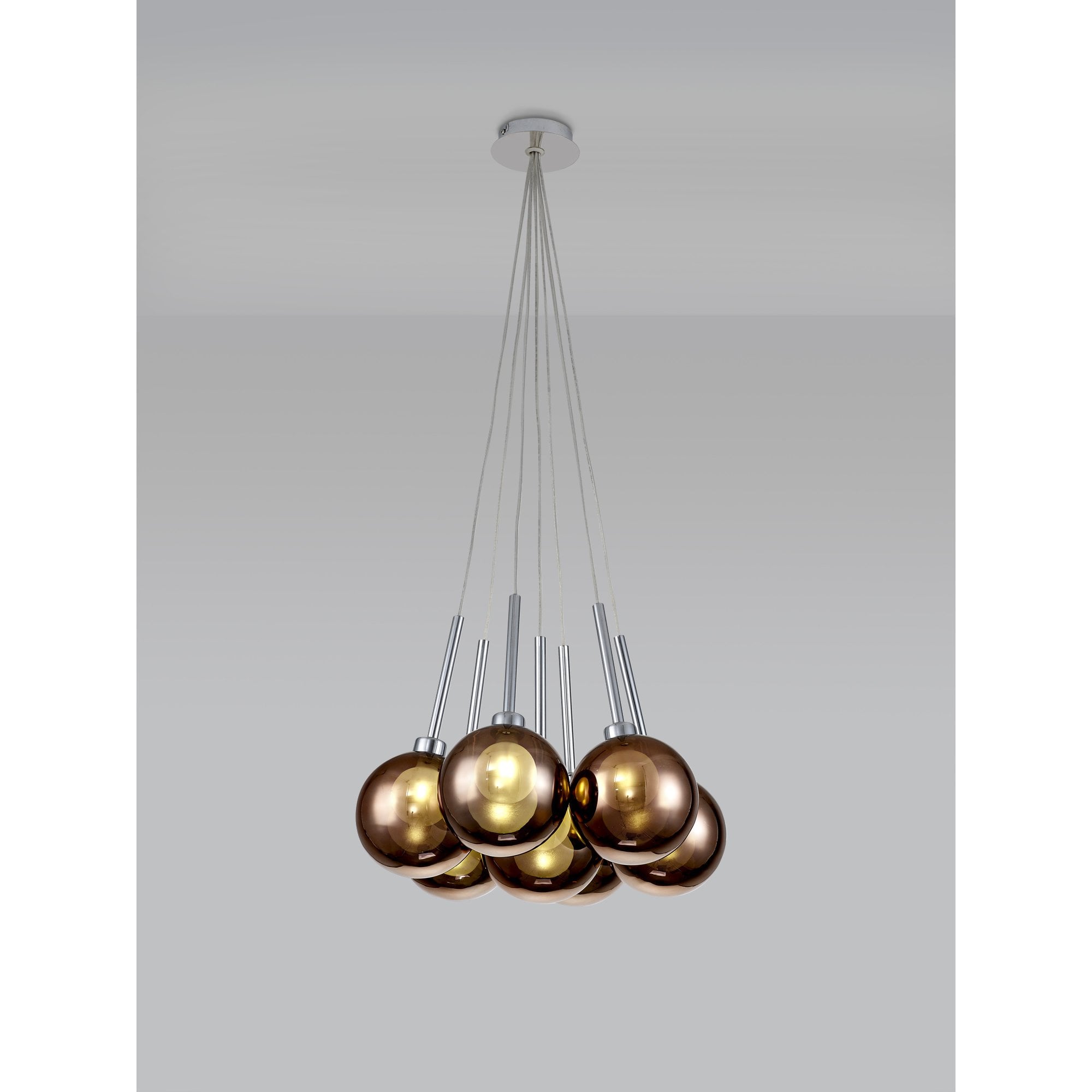 Fabula Tamworth 7 Light Cluster Pendant - Round Shades with Inner Frosted Globes - Polished Chrome, Copper & Frosted Glass