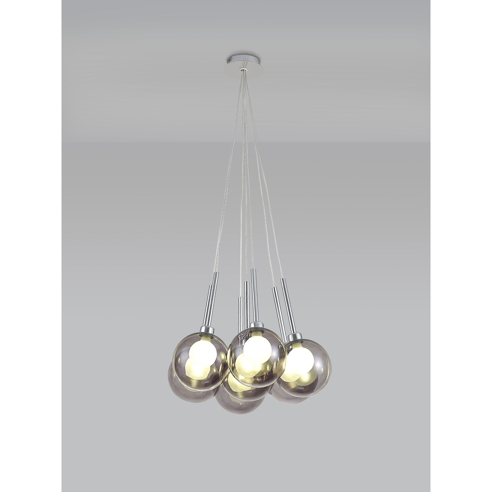 Fabula Tamworth 7 Light Cluster Pendant - Round Shades with Inner Frosted Globes - Polished Chrome, Smoked & Frosted Glass